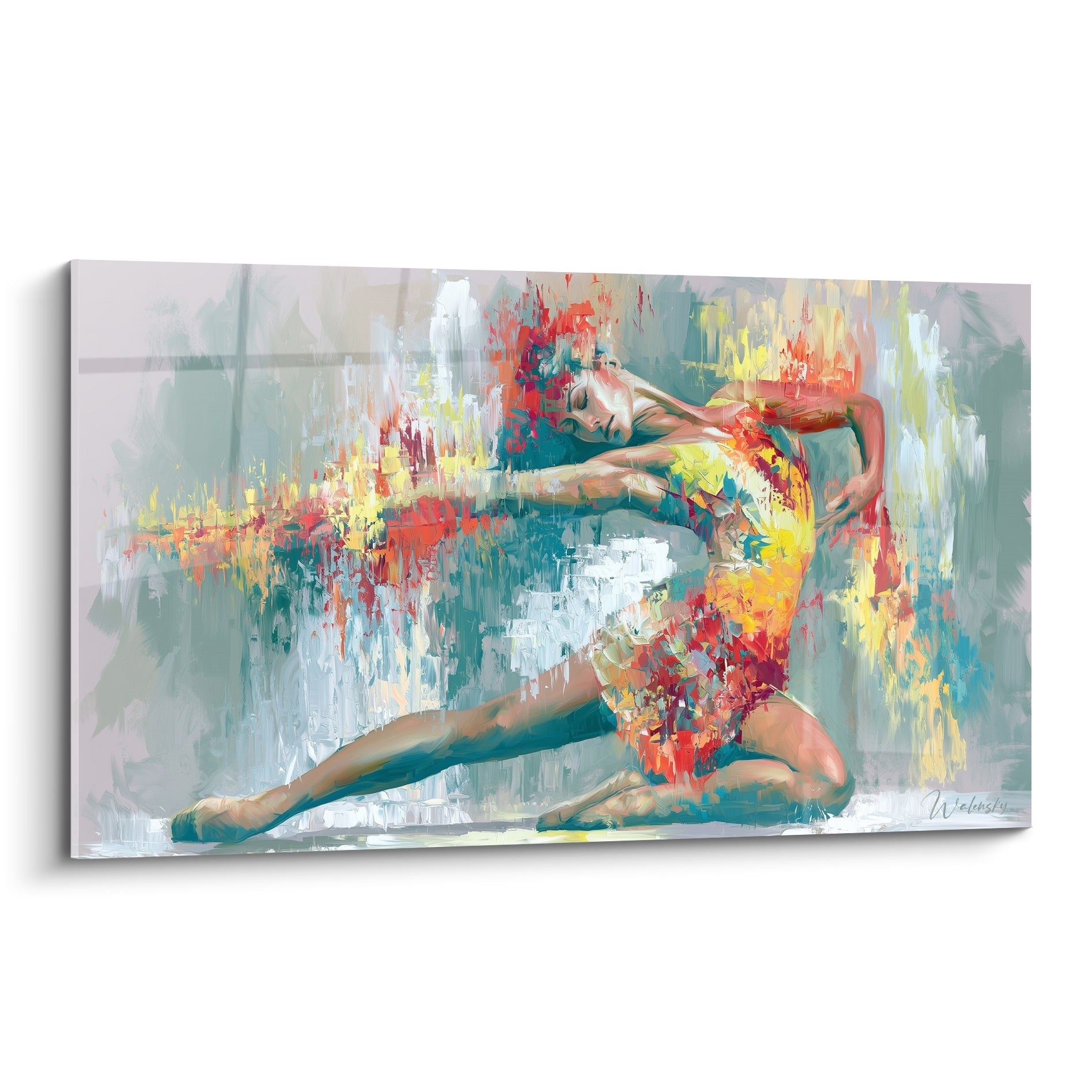 Danseuse abstraite cambrée en orange et sarcelle, jambe tendue, geste vif capturé sur toile