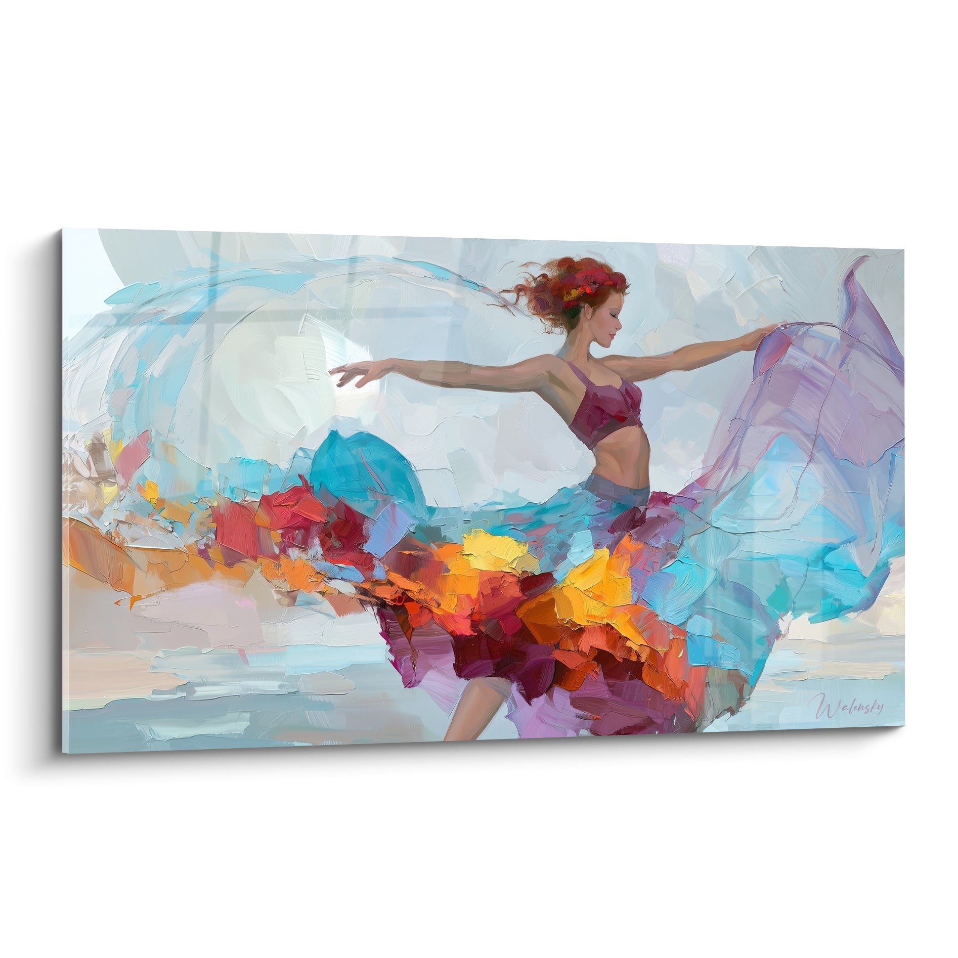 Danseuse abstraite en robe orange et turquoise, geste ample, matière peinte au couteau