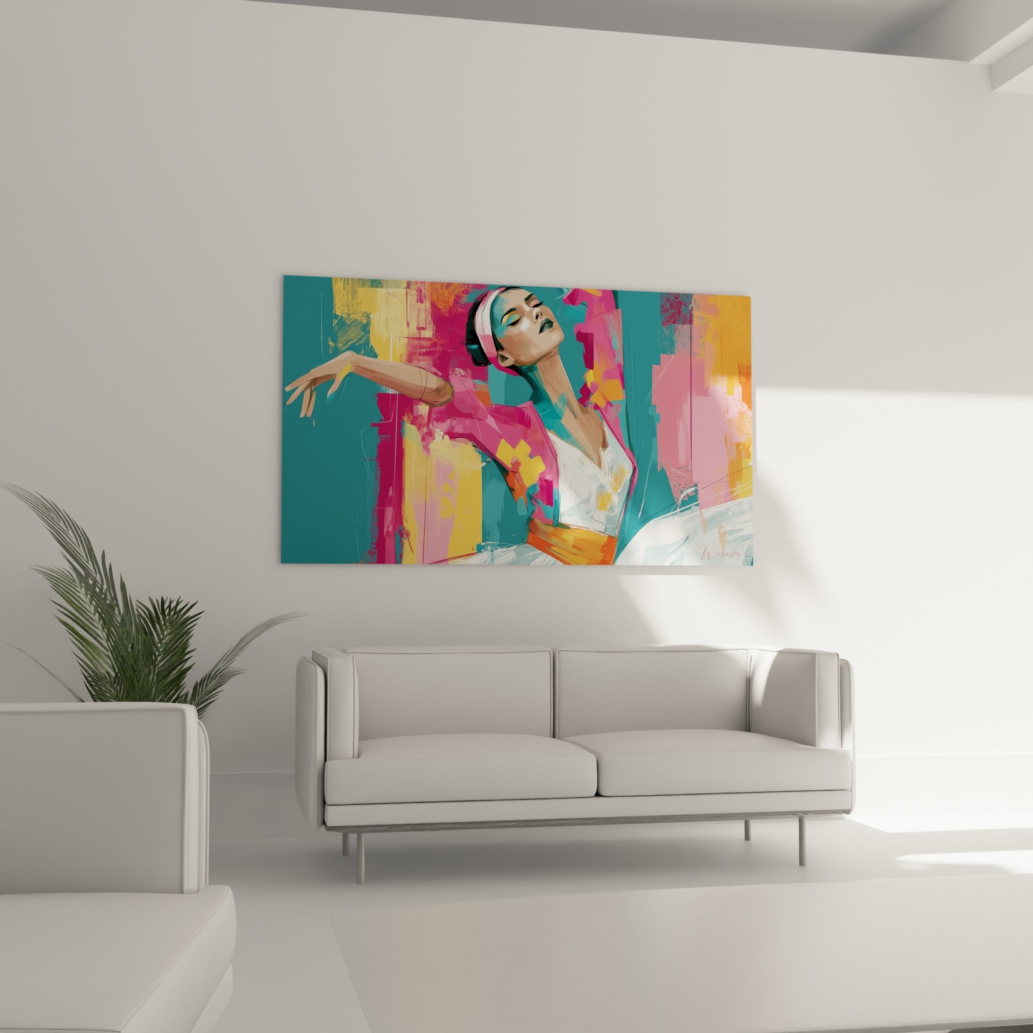 Silhouette gracieuse aux teintes orange et turquoise, au-dessus d'un canapé dans un salon lumineux