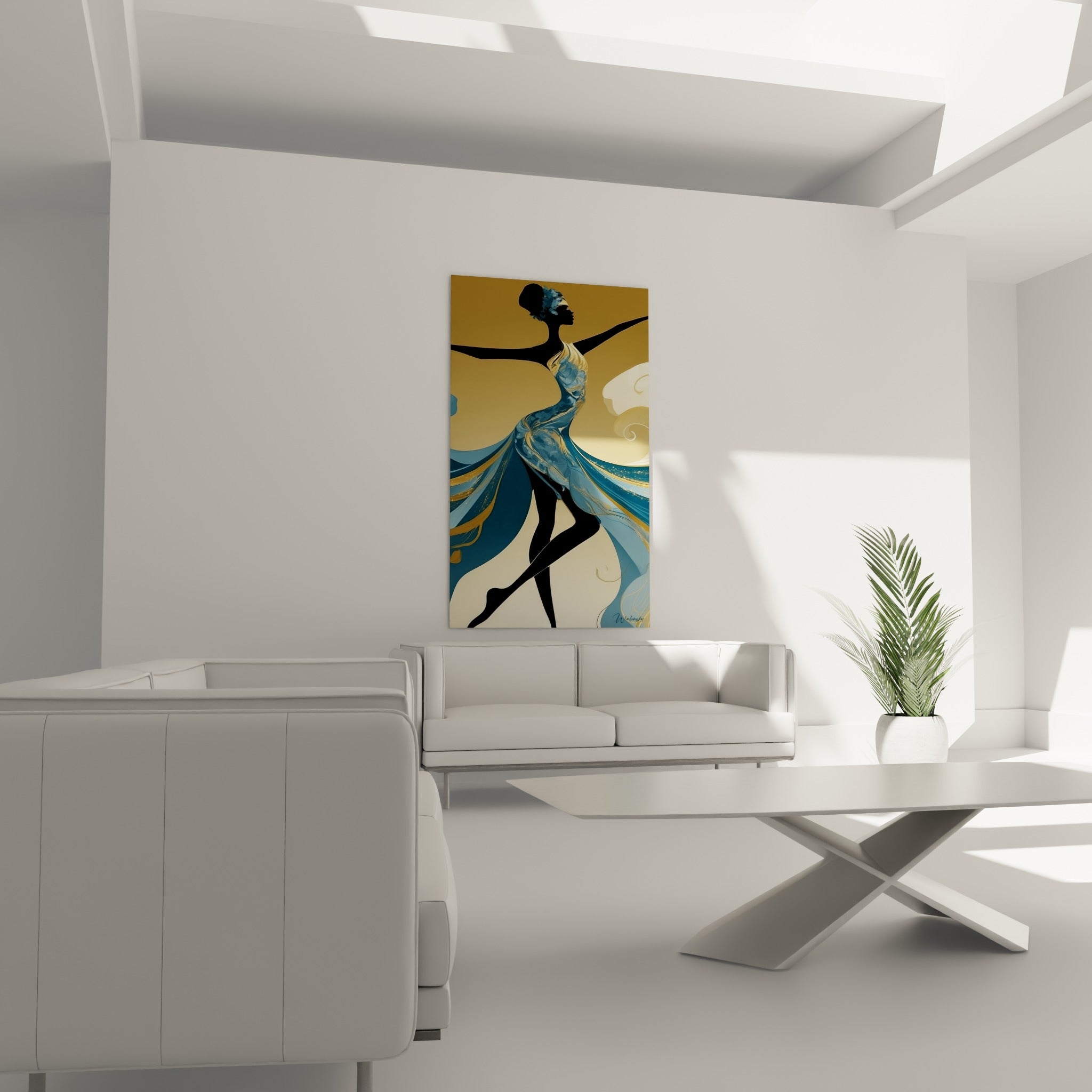 Danseuse abstraite au geste gracieux, teintes bleu pétrole et doré, au-dessus d'un canapé dans un salon lumineux