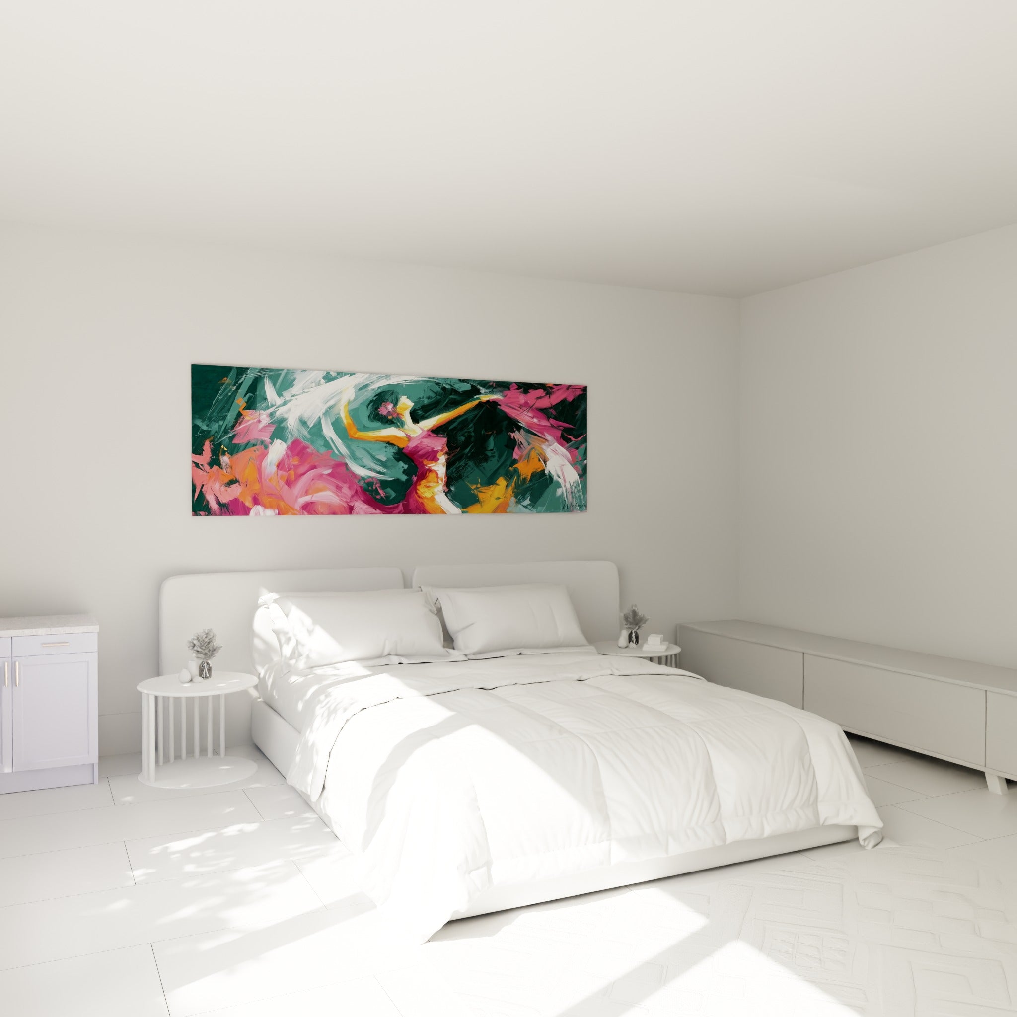 Silhouette fuchsia et blanche en plein élan, tableau danseuse au-dessus d'un lit dans une chambre claire