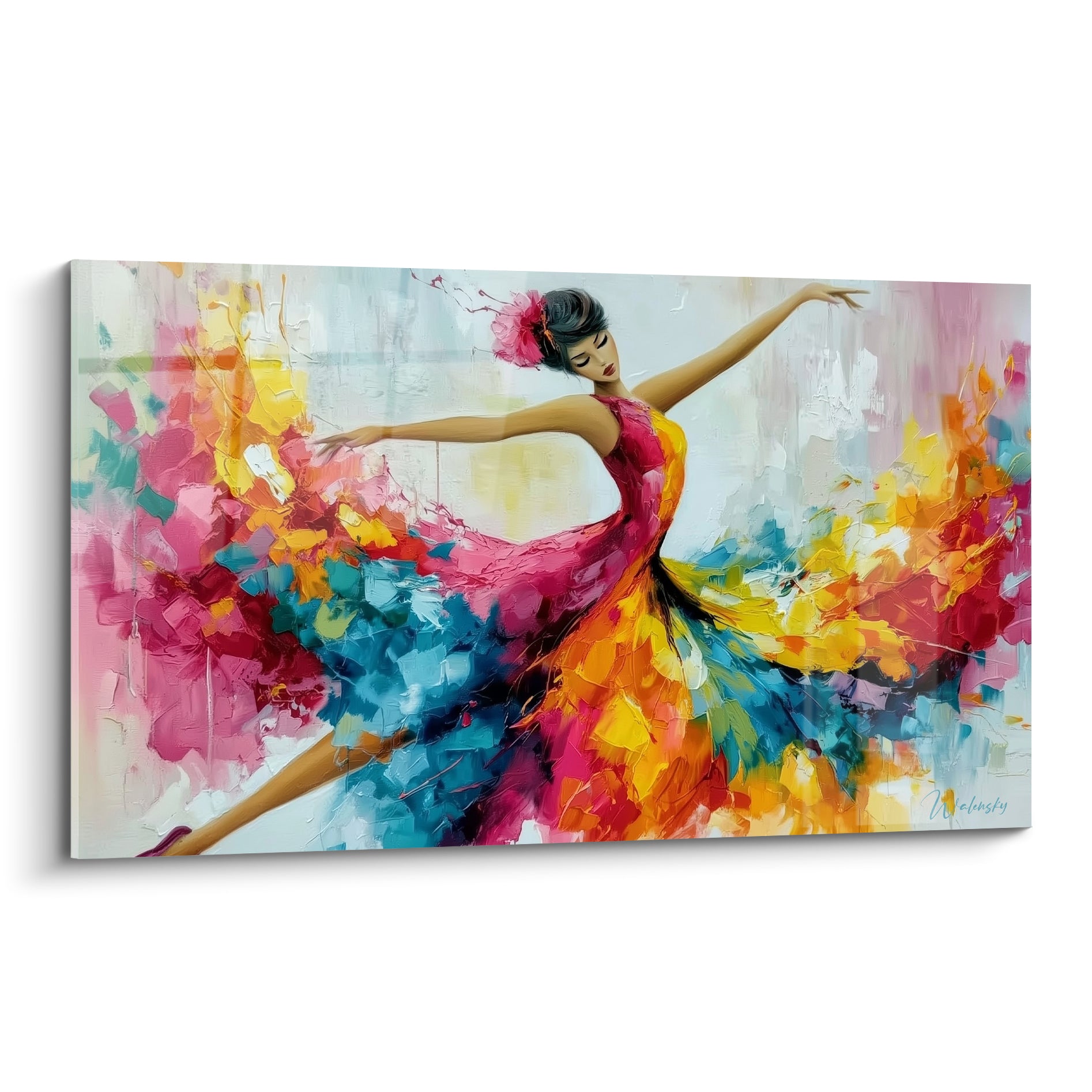 Danseuse abstraite en robe rose, turquoise et dorée, corps tendu dans un envol coloré