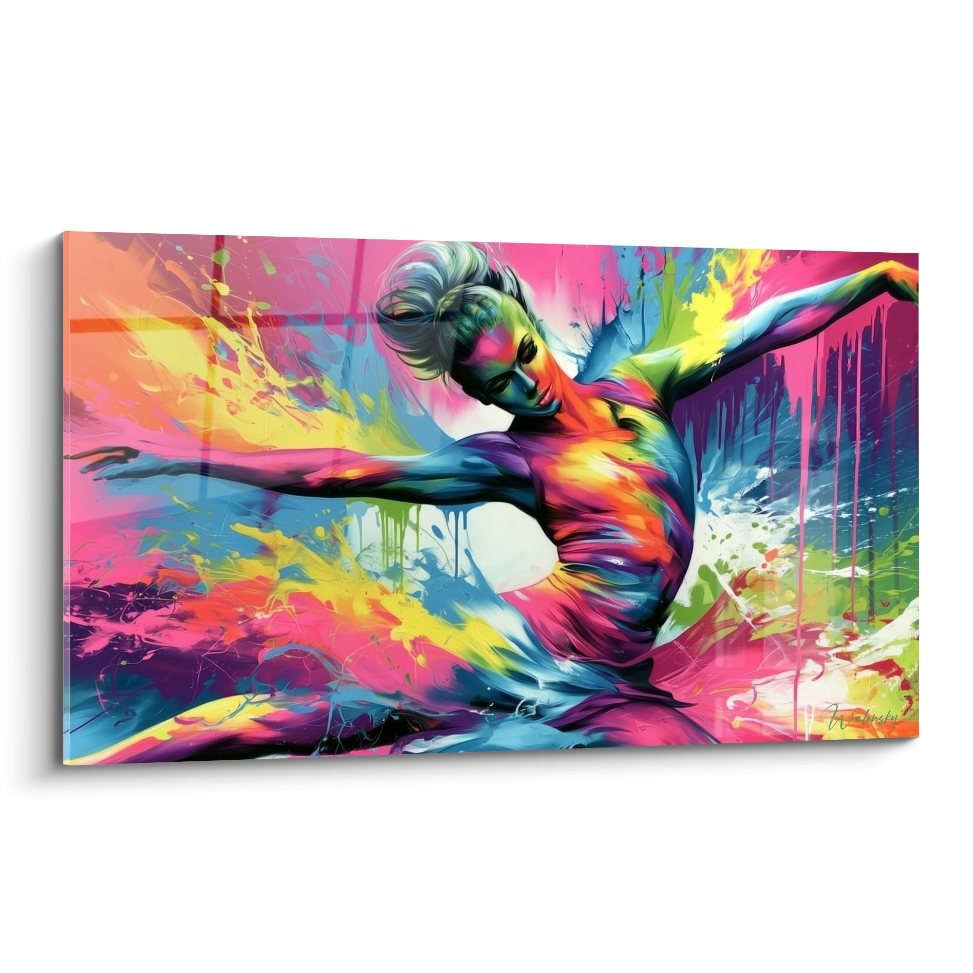Danseuse abstraite aux bras déployés, corps rose fuchsia et turquoise, éclaboussures de peinture vives