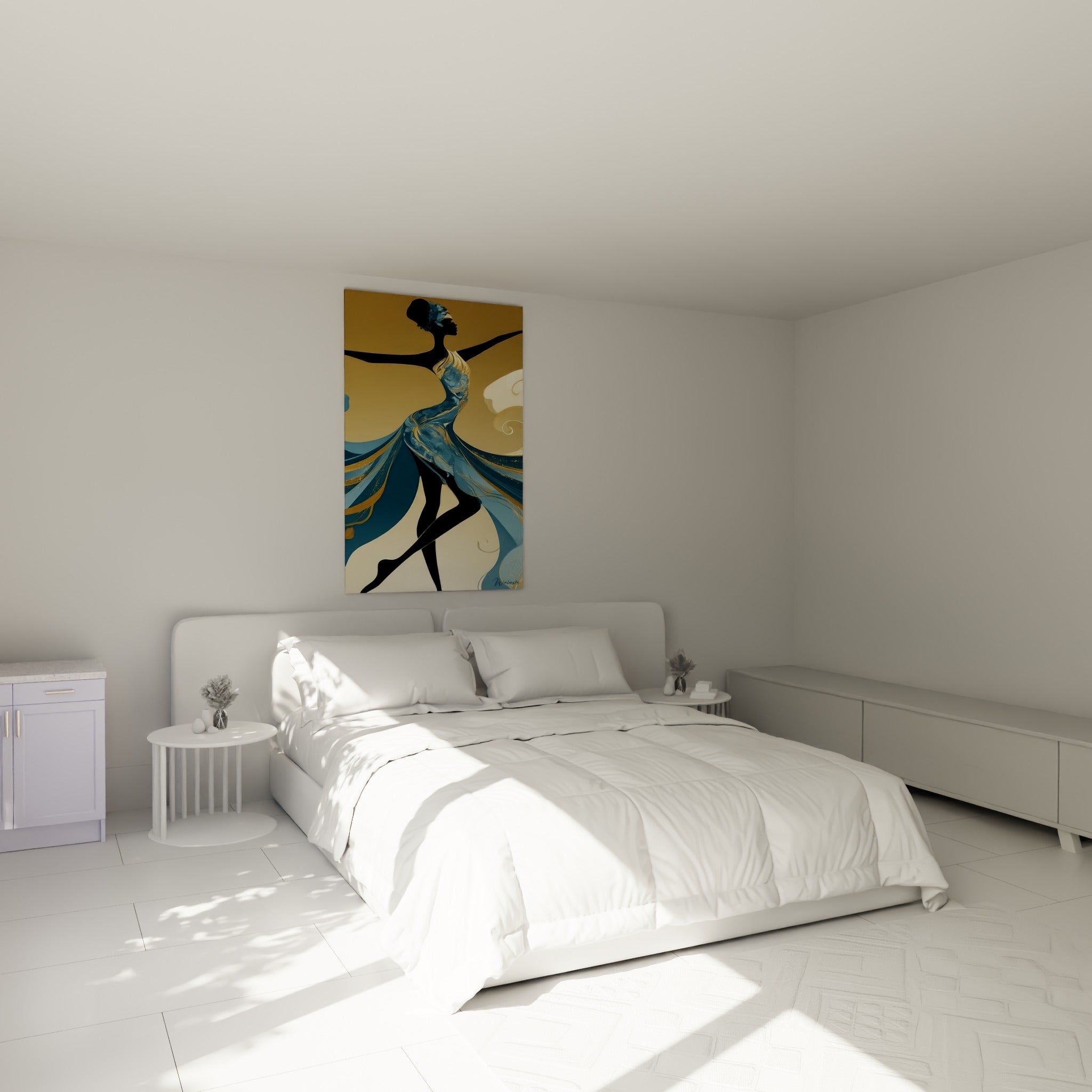 Silhouette dansante en noir et bleu pétrole, robe fluide dorée, au-dessus d'un lit dans une chambre claire