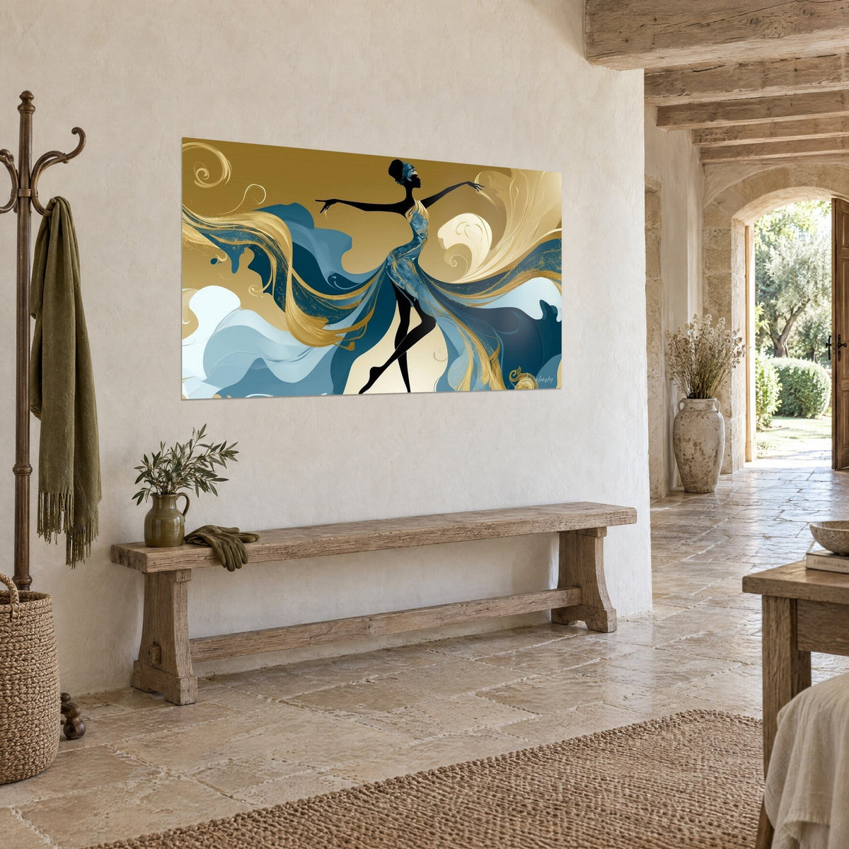 Tableau ballerine au turban, bras tendus dans de longues volutes dorées et bleu canard, banc en bois, maison en pierre