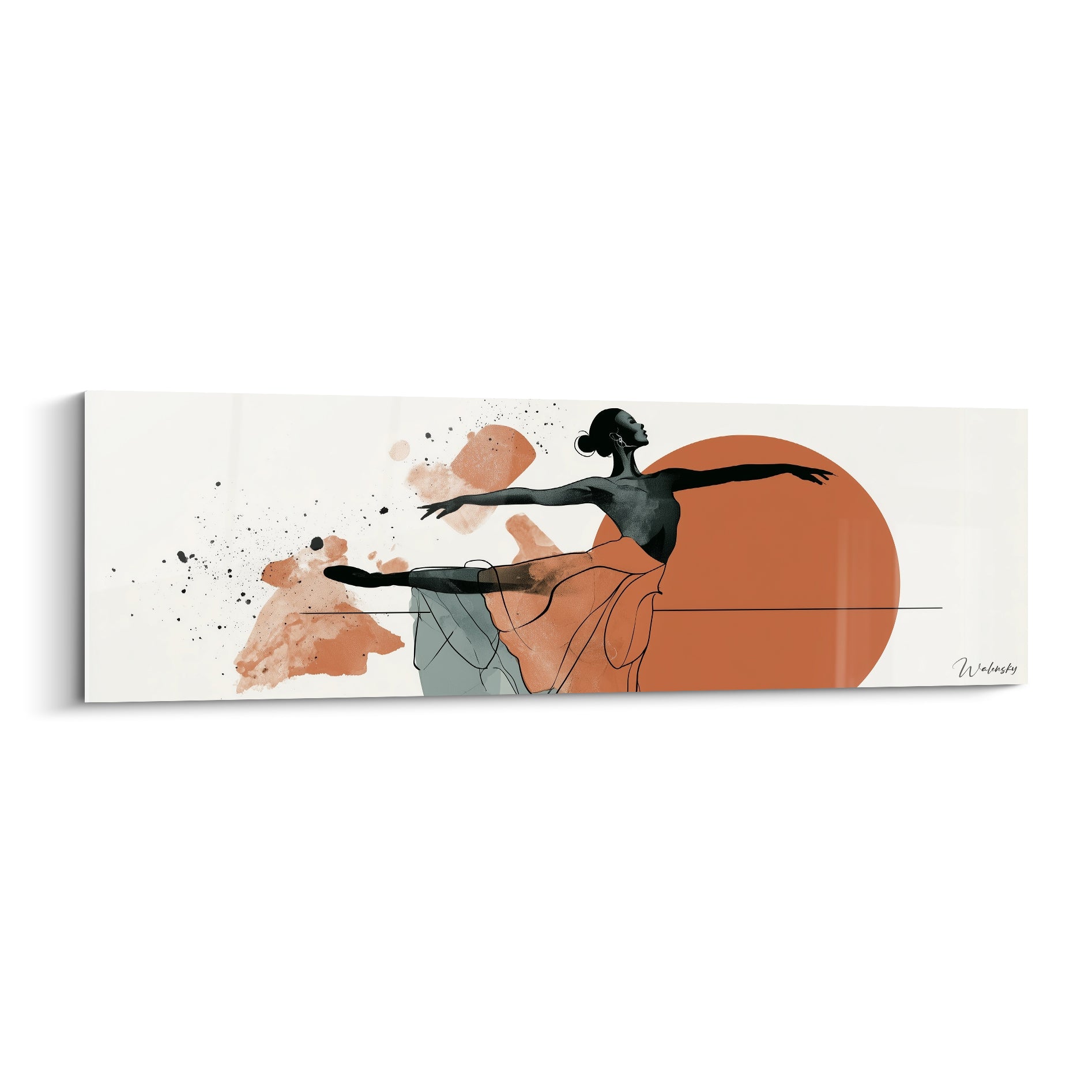 Danseuse abstraite noire en arabesque devant un cercle terracotta et éclaboussures ocre