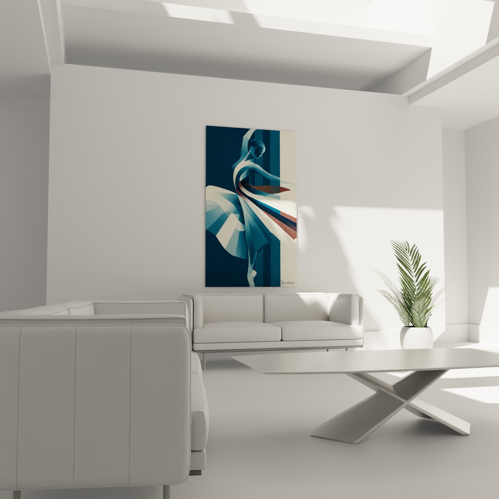 Ballerine stylisée en bleu marine et terracotta au-dessus d'un canapé dans un salon lumineux