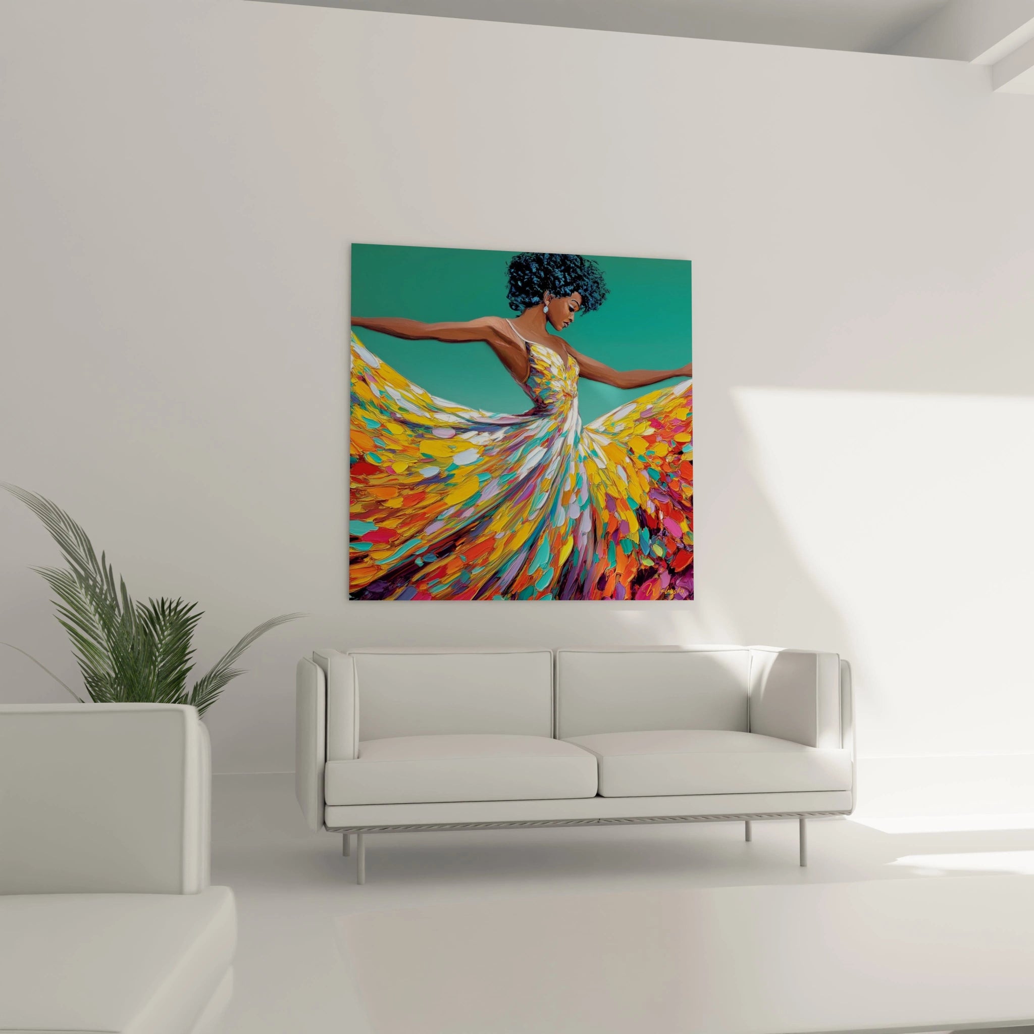 Tableau danseuse haute couture avec des couleurs vives et un motif floral dans un décor moderne