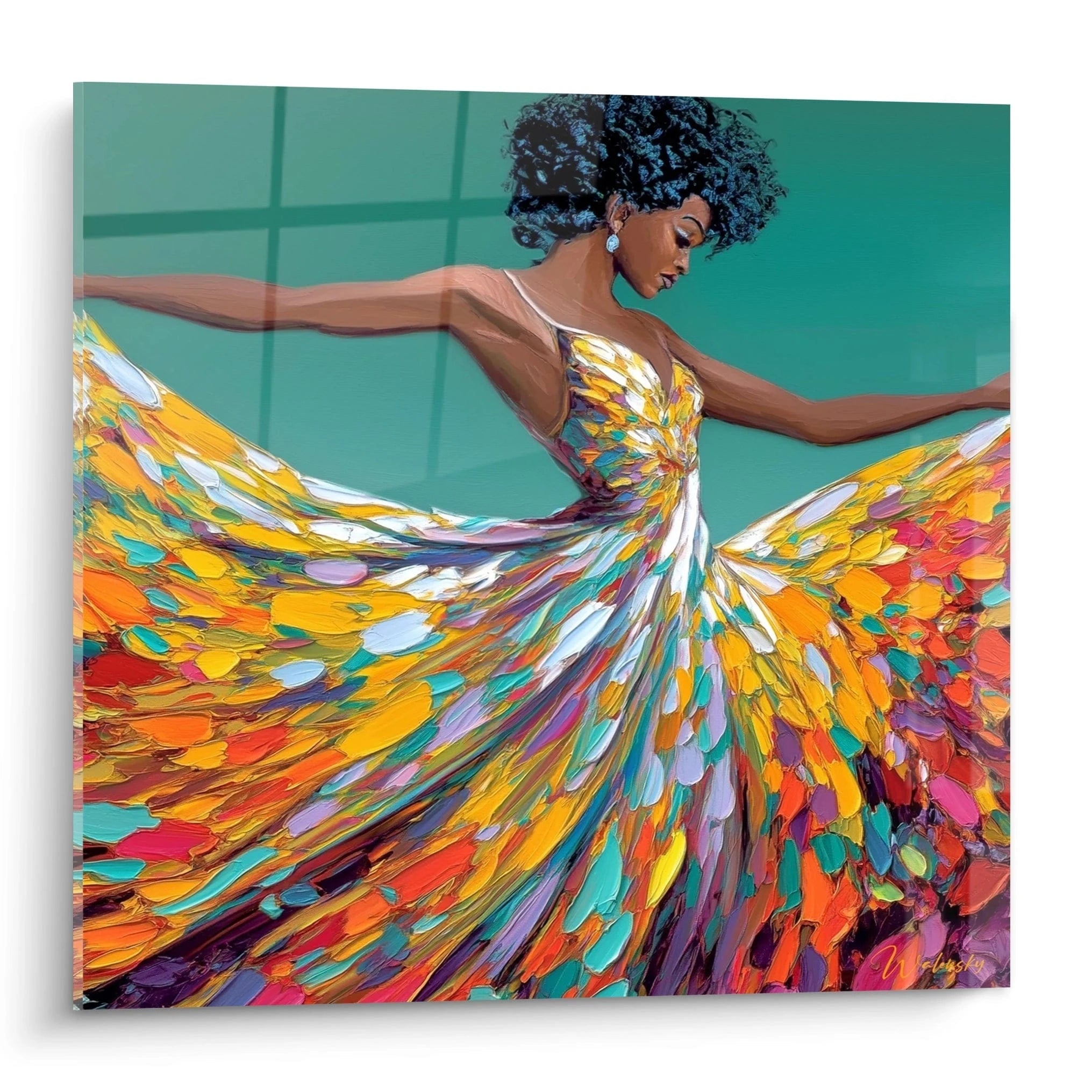 Tableau mural danseuse haute couture avec une robe colorée en mouvement artistique