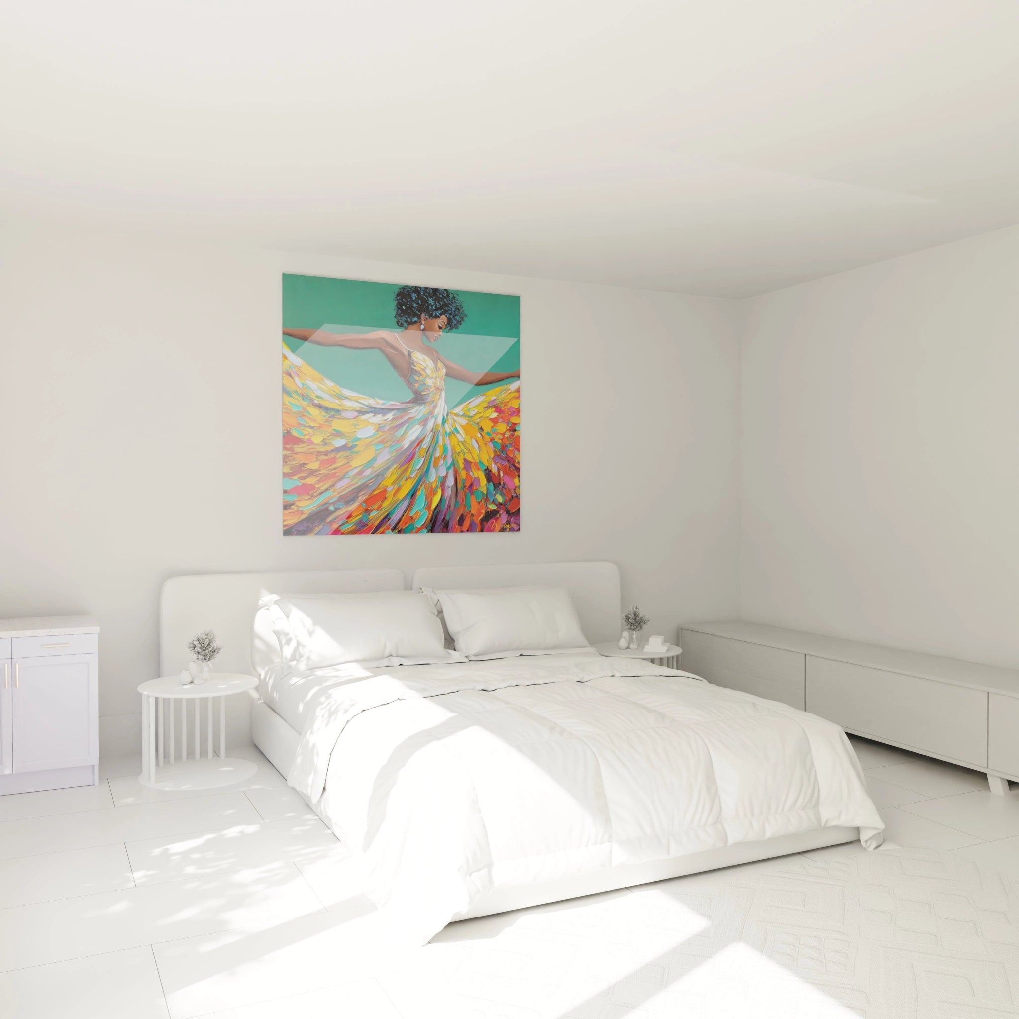 Tableau mural danseuse haute couture coloré dans une chambre moderne et lumineuse