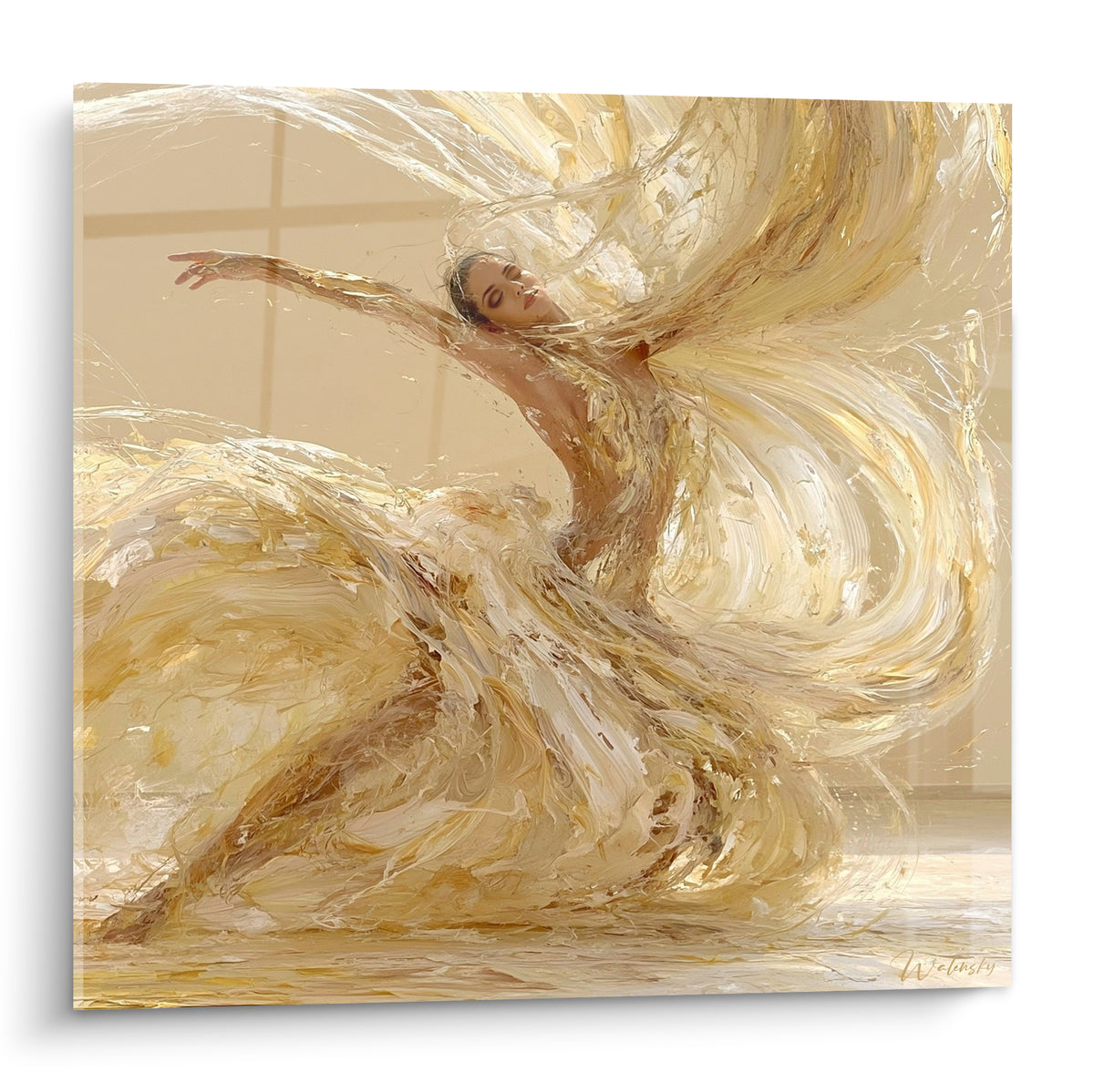 Danseuse dorée cambrée, bras levé, voiles ivoire et beige tourbillonnant en empâtements épais