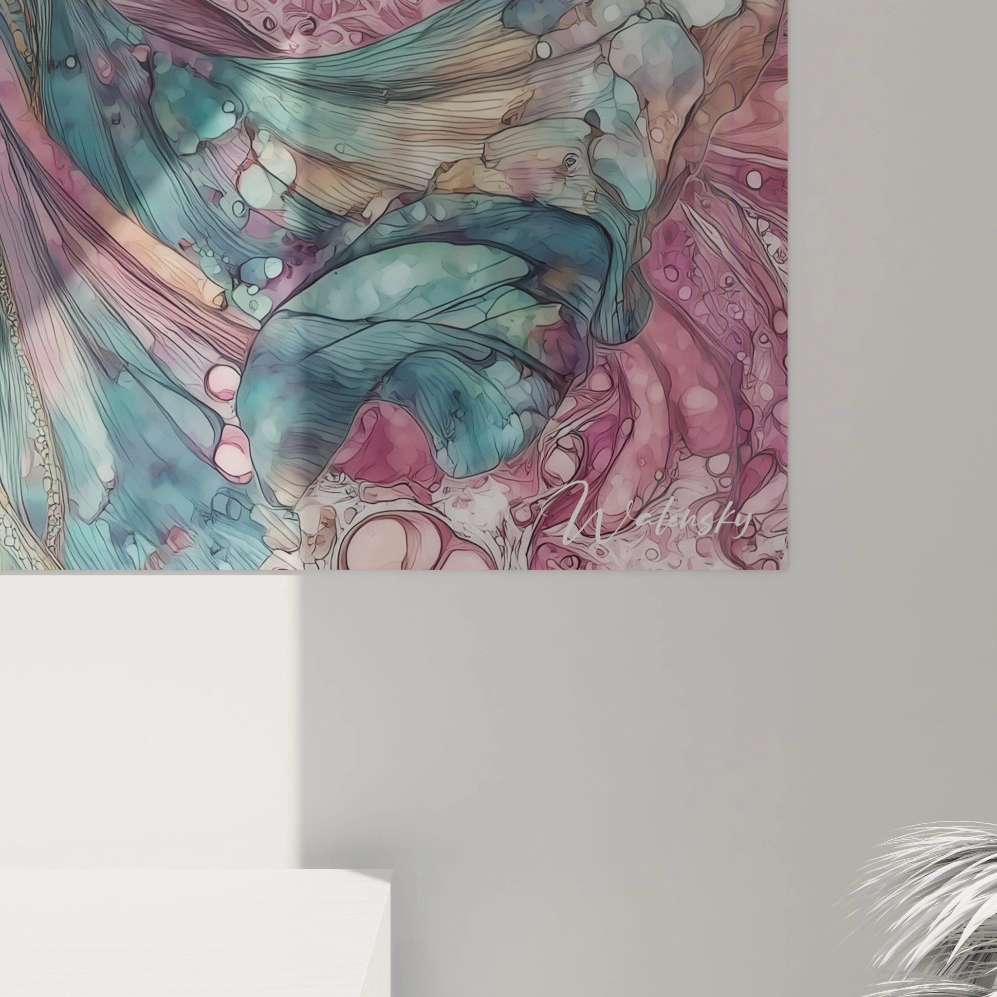 Tableau danseuse africaine Walensky mural abstrait aux teintes rose et bleu avec formes fluides