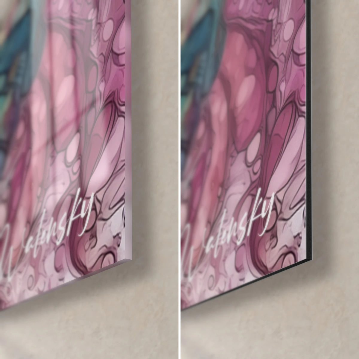 Schilderij van een vrouw met gestreepte knot, turquoise en koraalkleurige rok, rechterbenedenhoek van glanzend glas en mat Dibond-aluminium, 3 mm rand
