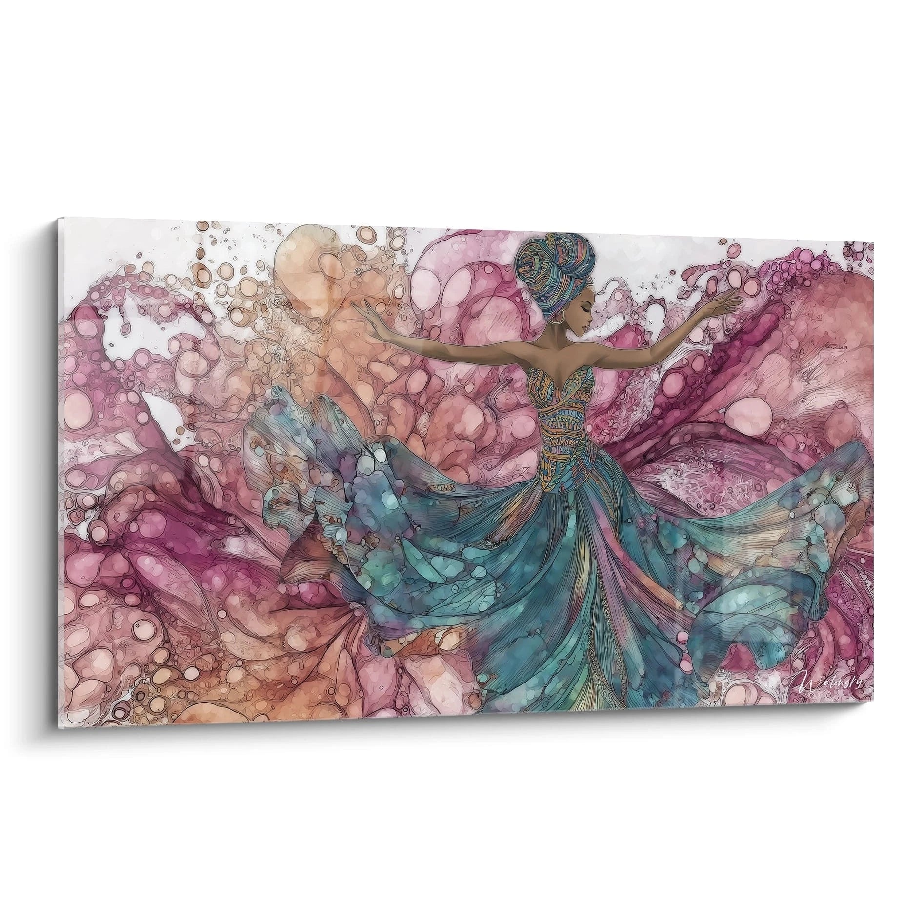 Tableau danseuse africaine coloré avec des motifs fluides et vibrants pour une décoration murale élégante