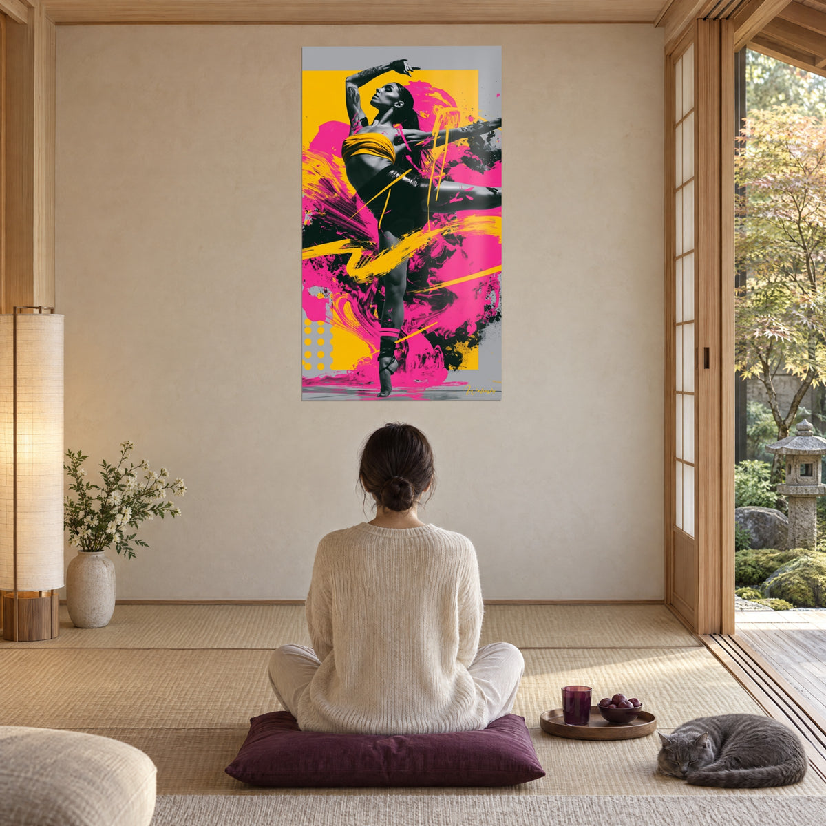 Tableau danse contemporaine en pleine envolée, taches fuchsia et safran sur gris perle, pièce zen avec chat sur coussin prune