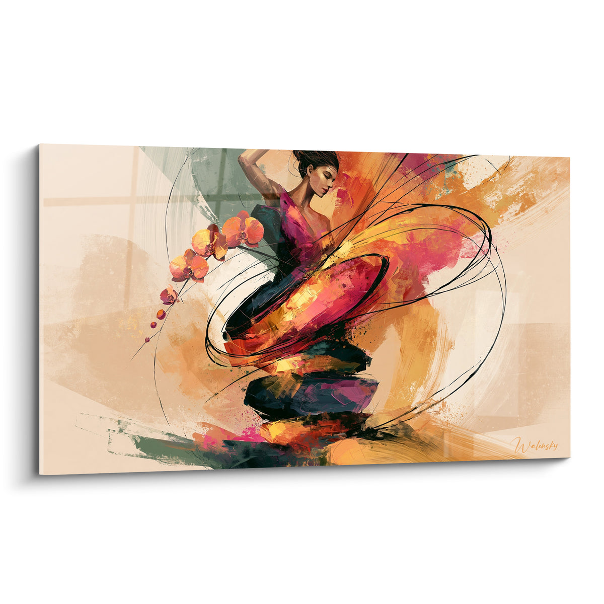 Danseuse en tourbillon orange et pourpre, robe embrasée par des traits noirs expressifs