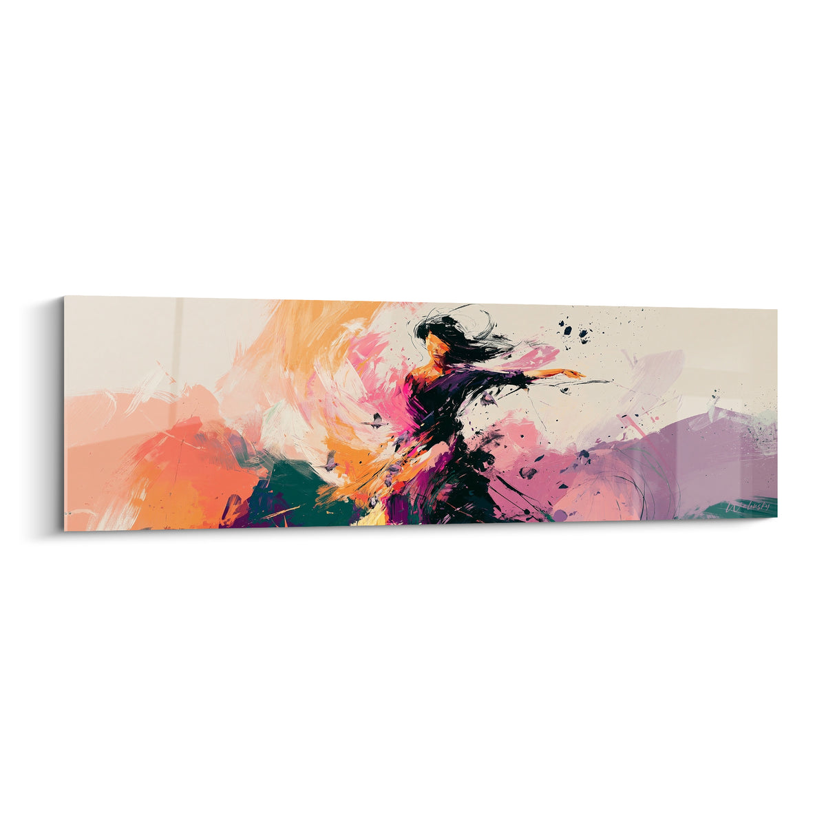 Danseuse en mouvement, silhouette noire et voile pourpre sur fond orange éclaté