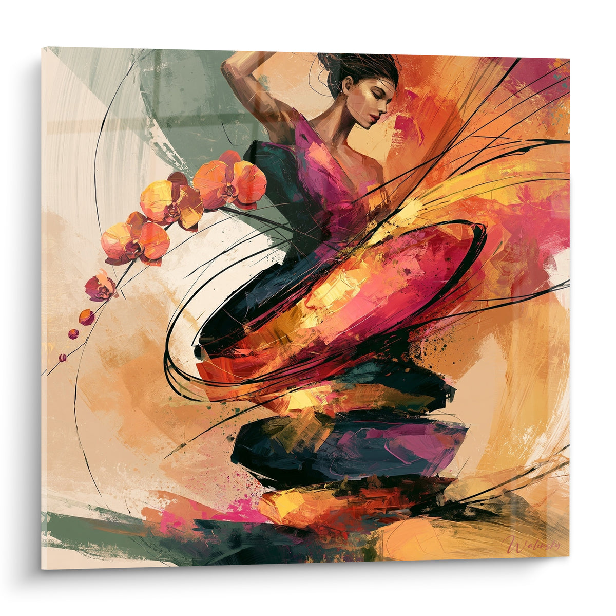 Danseuse en robe pourpre et anthracite, geste flamenco sur fond orangé et doré éclatant