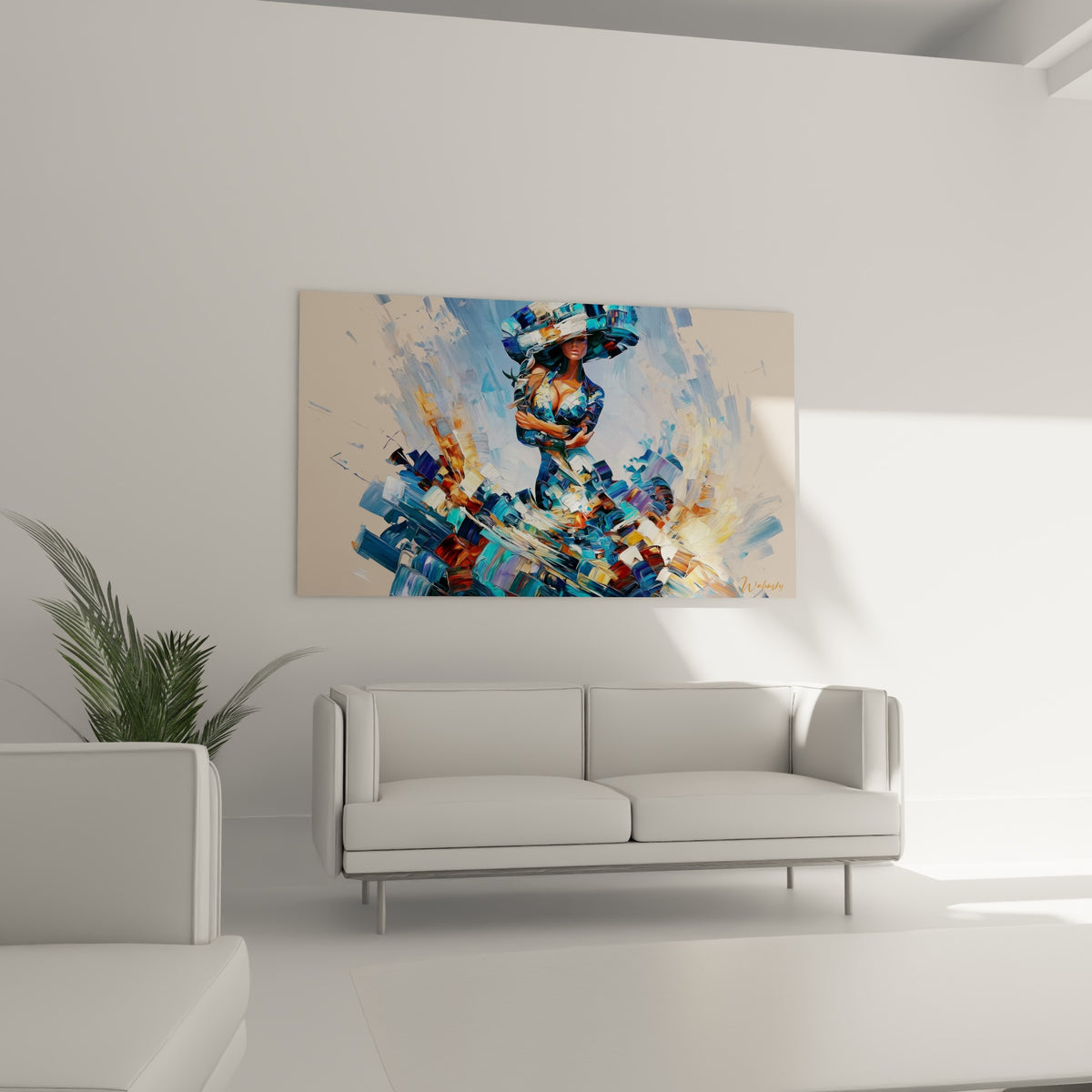 Portrait fragmenté de la Danseuse en turquoise et ocre, au-dessus d'un canapé dans un salon lumineux