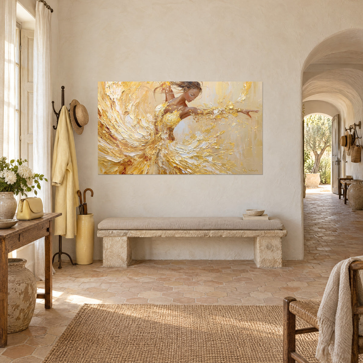 Tableau ballerine au tutu tourbillonnant d'or et de crème, yeux clos, empâtements au couteau, dans un mas provençal