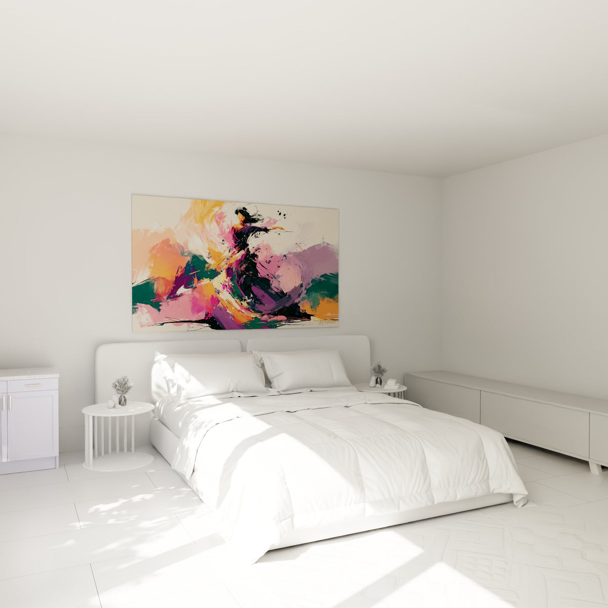 Silhouette de danseuse noire et orange en plein mouvement, au-dessus d'un lit dans une chambre claire