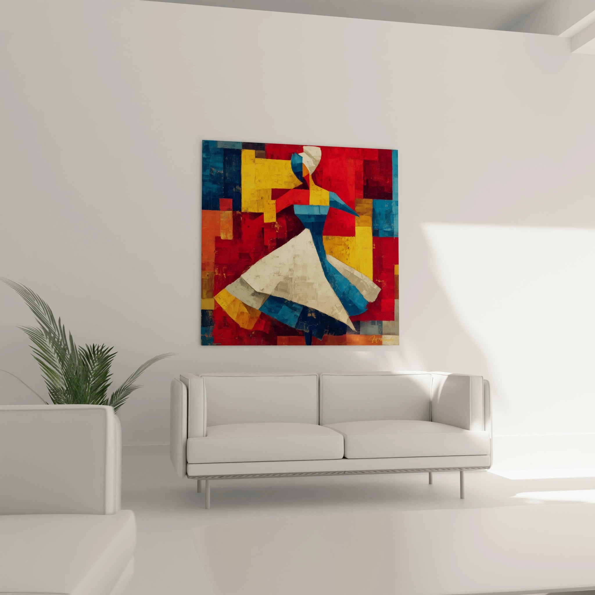 Tableau Walensky accroché au mur d'un salon, danseuse abstraite colorée sur fond géométrique, tableau danseuse africaine moderne