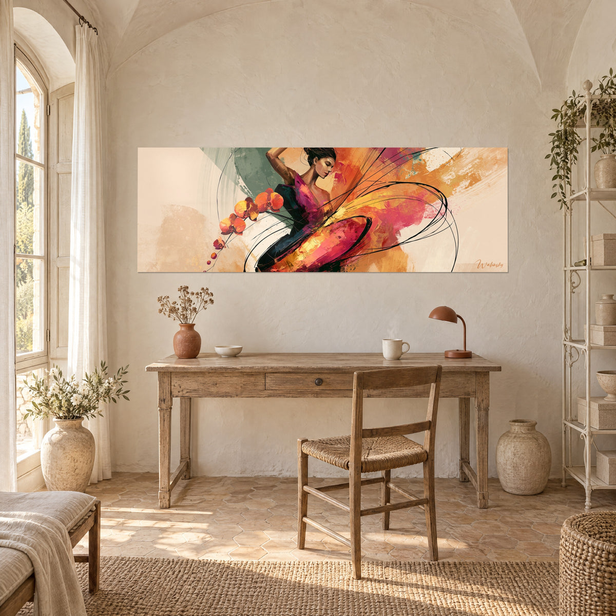 Schilderij oranje en koraalkleurige orchideebloemen, opgestoken haar en zwarte inktwervelingen op beige en groene achtergrond, houten bureau