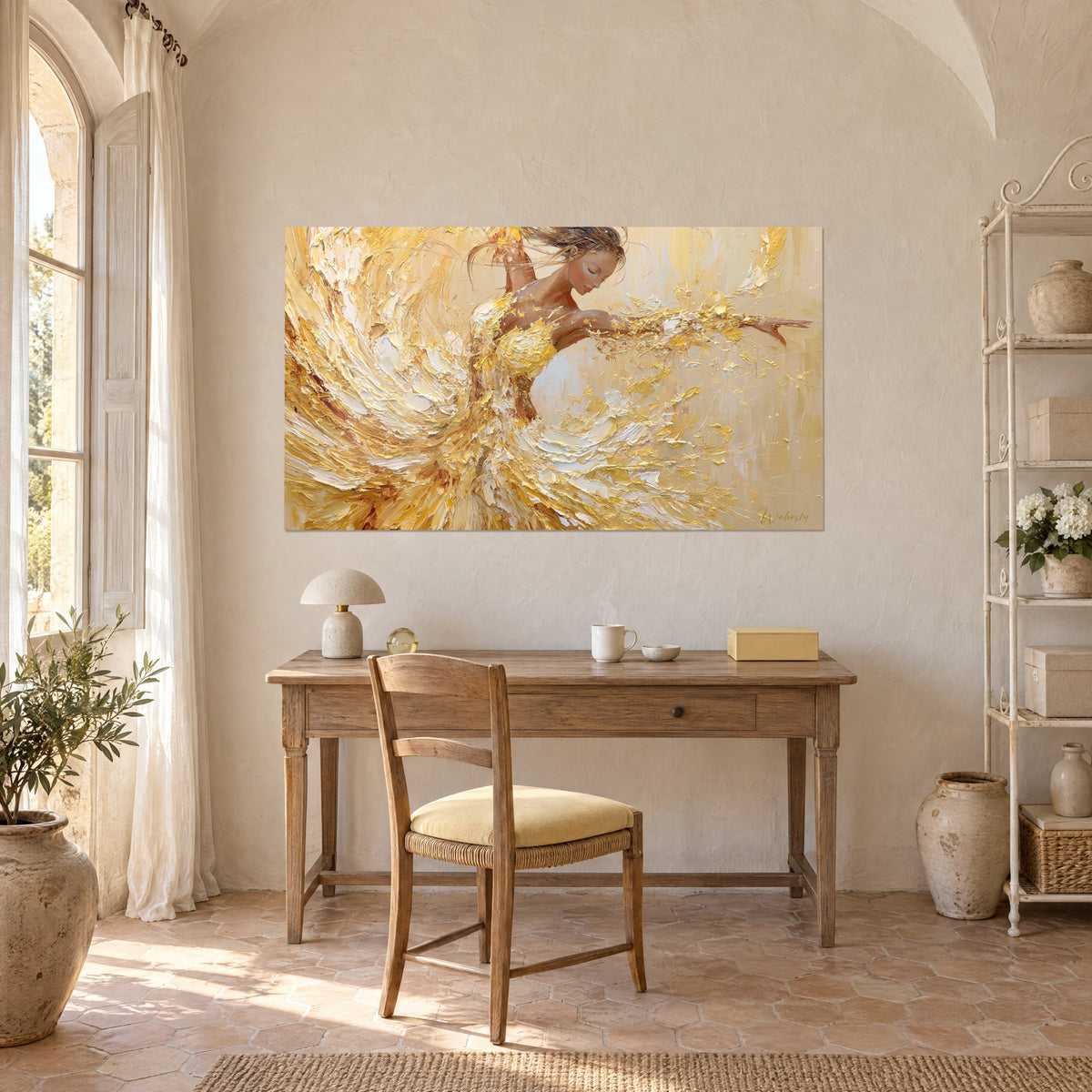 Tableau artiste de ballet en volutes jaune citron et blanc crémeux, coups de spatule, accroché au-dessus d'un bureau en bois