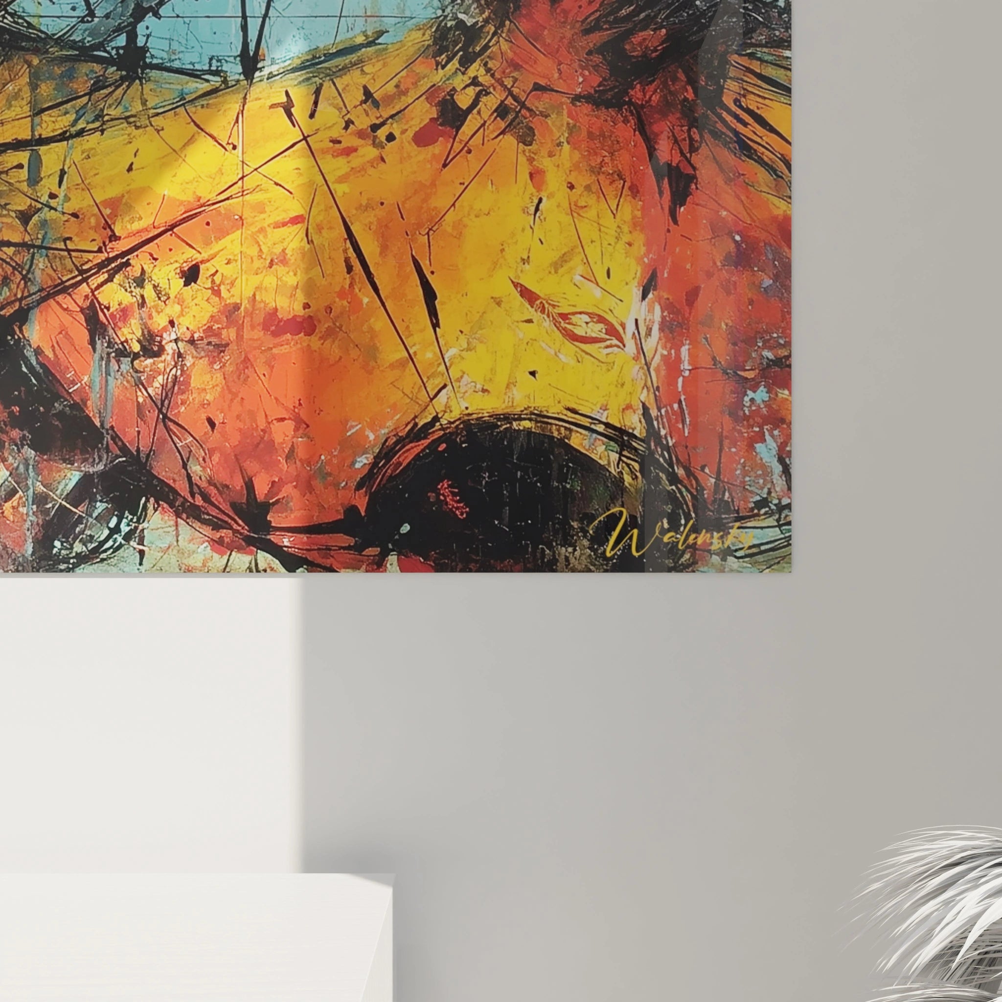 Walensky tableau danse africaine moderne abstrait aux couleurs chaudes jaune orange rouge avec signature au mur