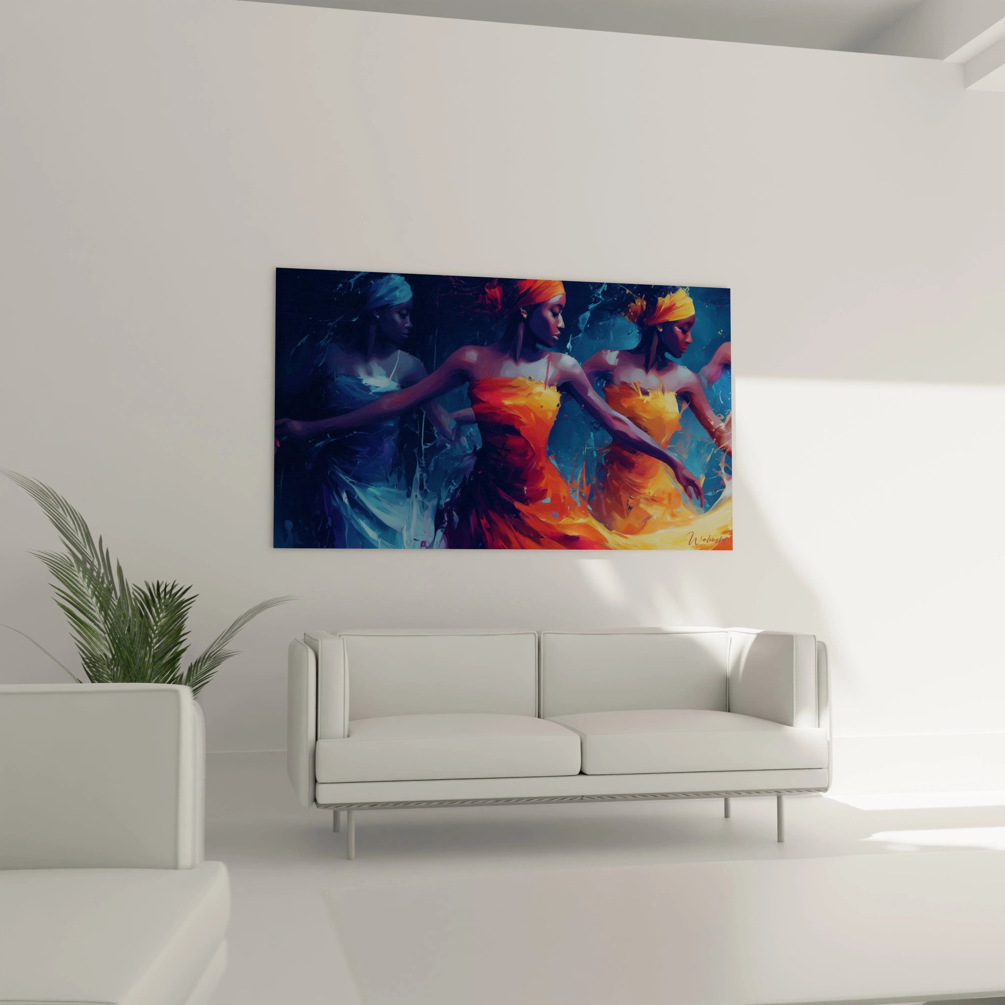 Tableau Danse Africaine Moderne de Walensky, vibrant et coloré, idéal pour décorer un salon contemporain.