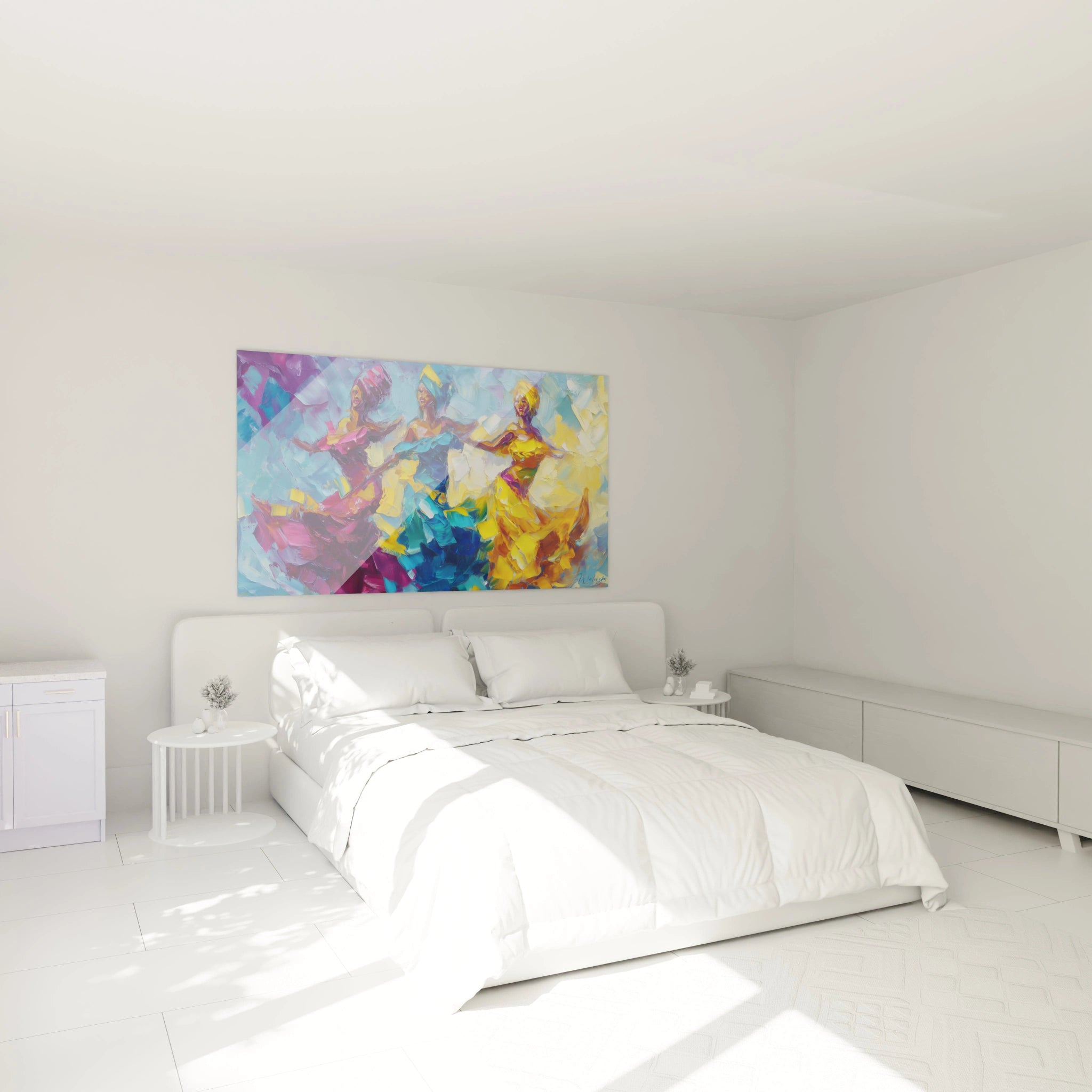 Tableau danse africaine moderne de Walensky sur un mur clair dans une chambre lumineuse