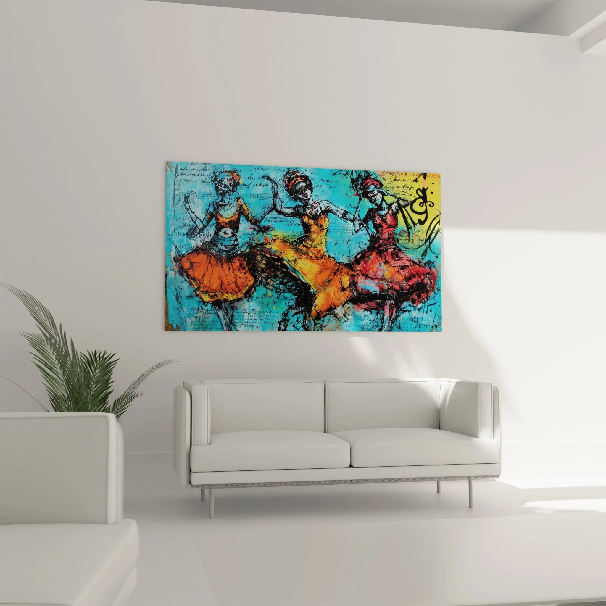 Tableau wall art danse africaine contemporain en couleurs vives, représentant des danseurs joyeux