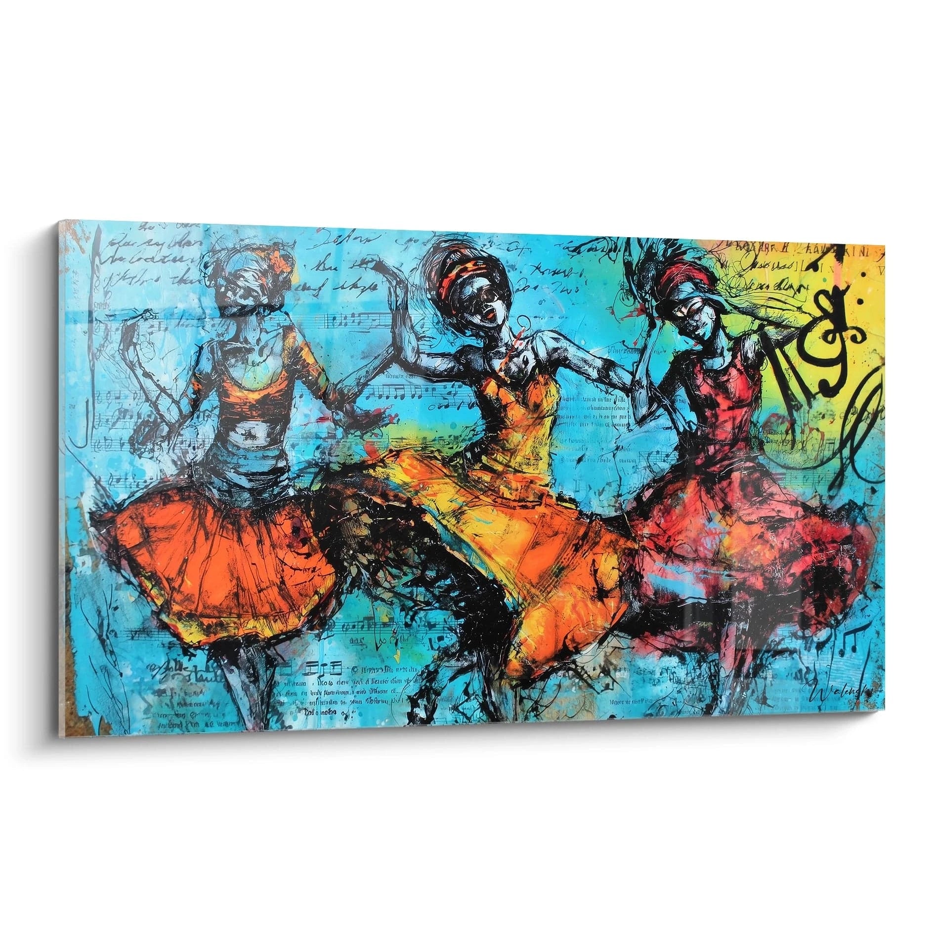 Tableau mural danse africaine contemporain avec des femmes dansant en robes colorées sur fond bleu