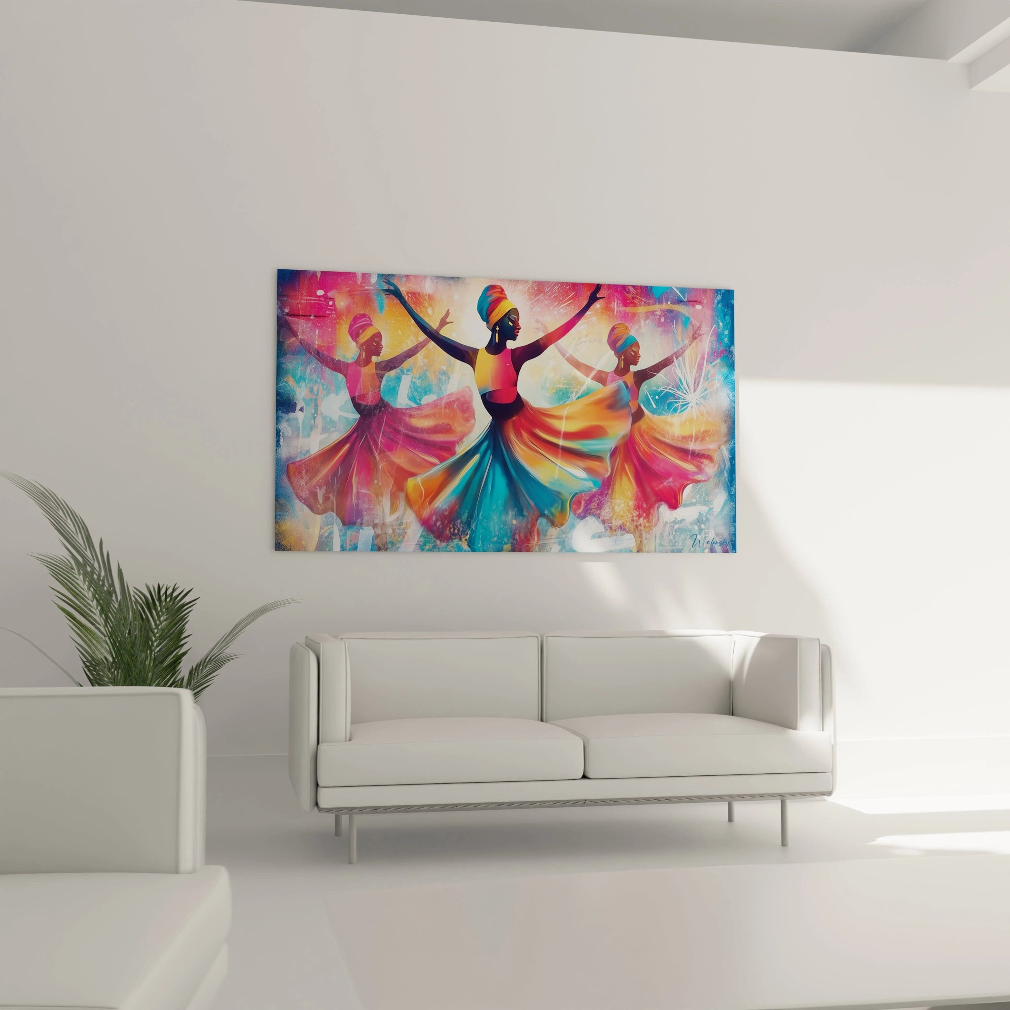 Tableau danse africaine coloré représentant des danseuses en mouvement dans un salon moderne