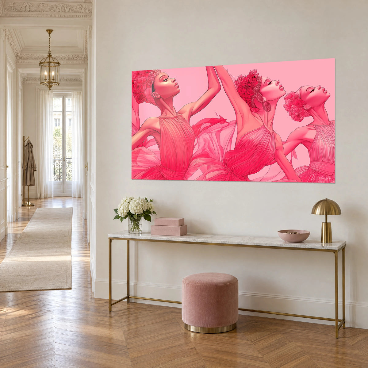 Gemälde Ballerinen mit erhobenen Armen, fuchsiafarbene und lachsfarbene Tüllschleier wirbelnd, vergoldete Konsole, Haussmann-Eingangsbereich