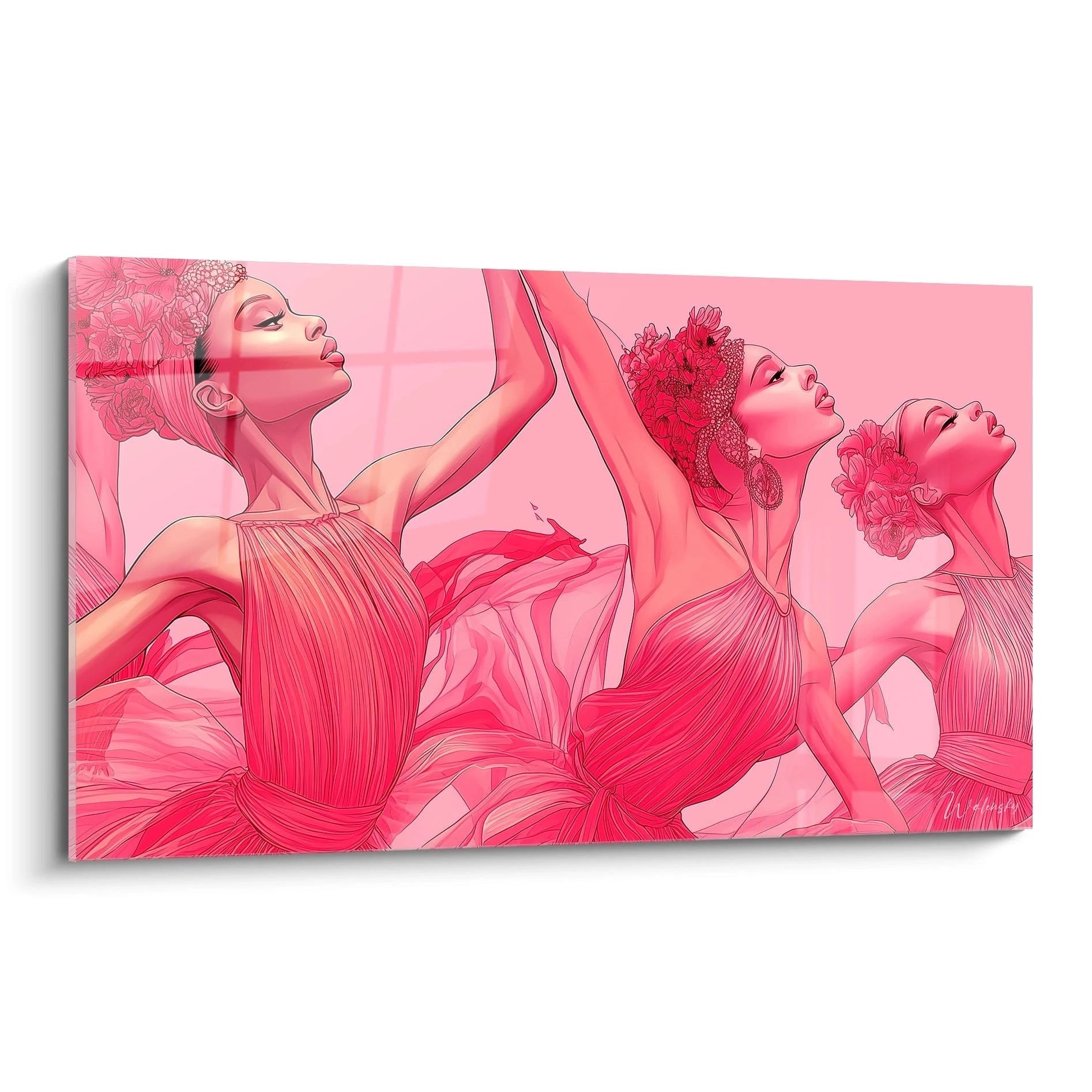 Tableau danseuse africaine kente en rose avec des ballerines en mouvement sur une toile artistique