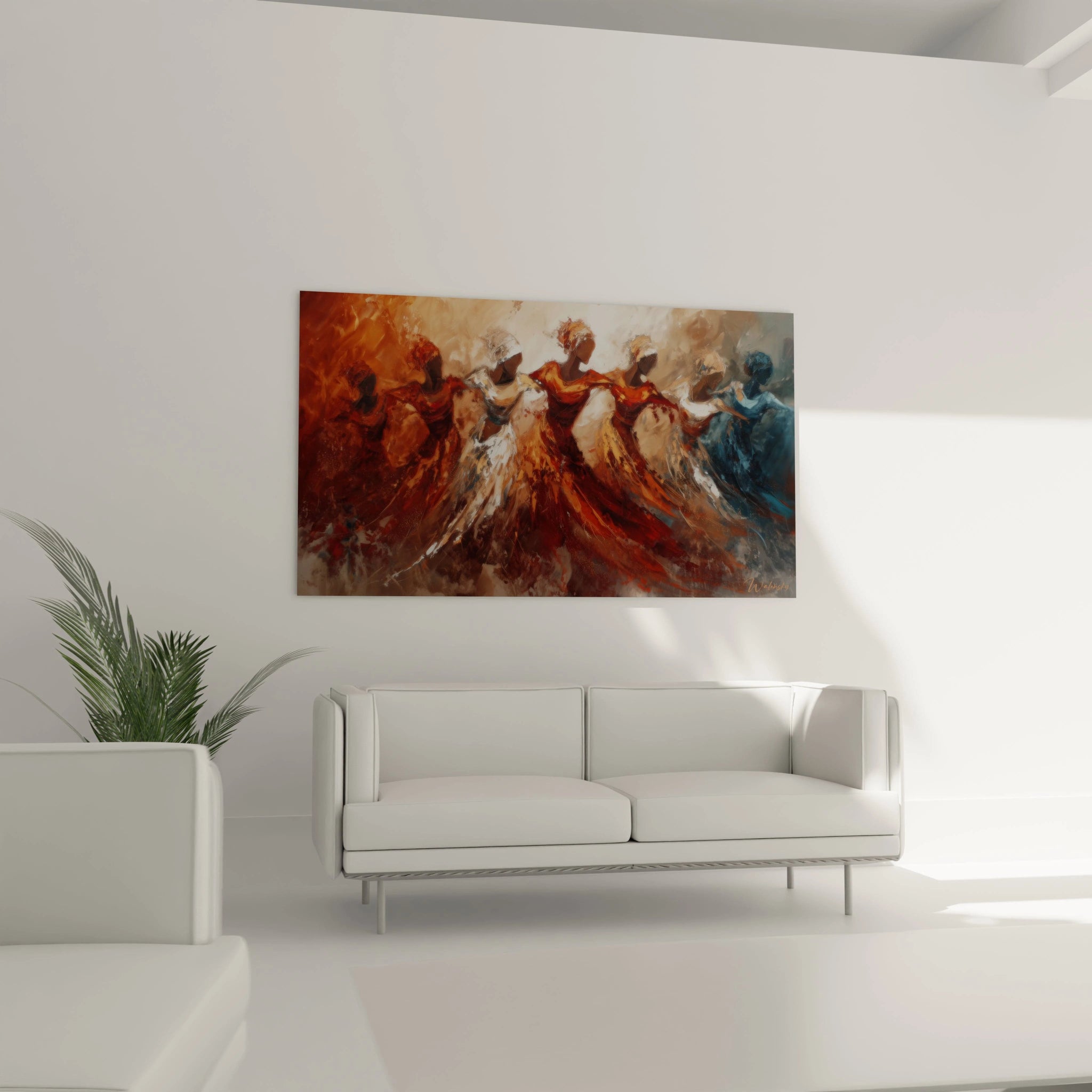 Tableau danse africaine moderne de Walensky avec des silhouettes de danseuses en mouvement sur fond coloré