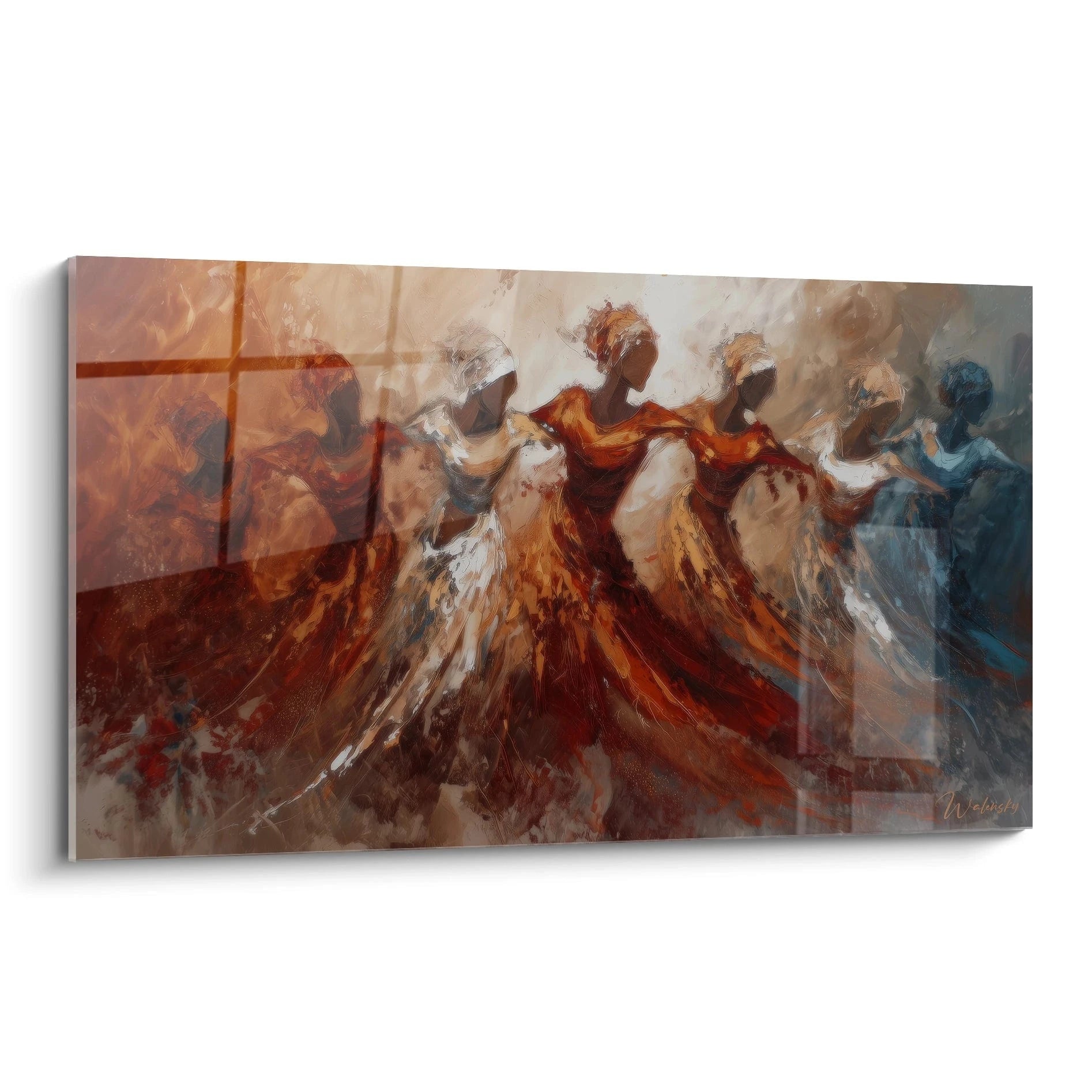 Tableau danse africaine moderne en toile avec silhouettes de danseuses dans des couleurs chaudes