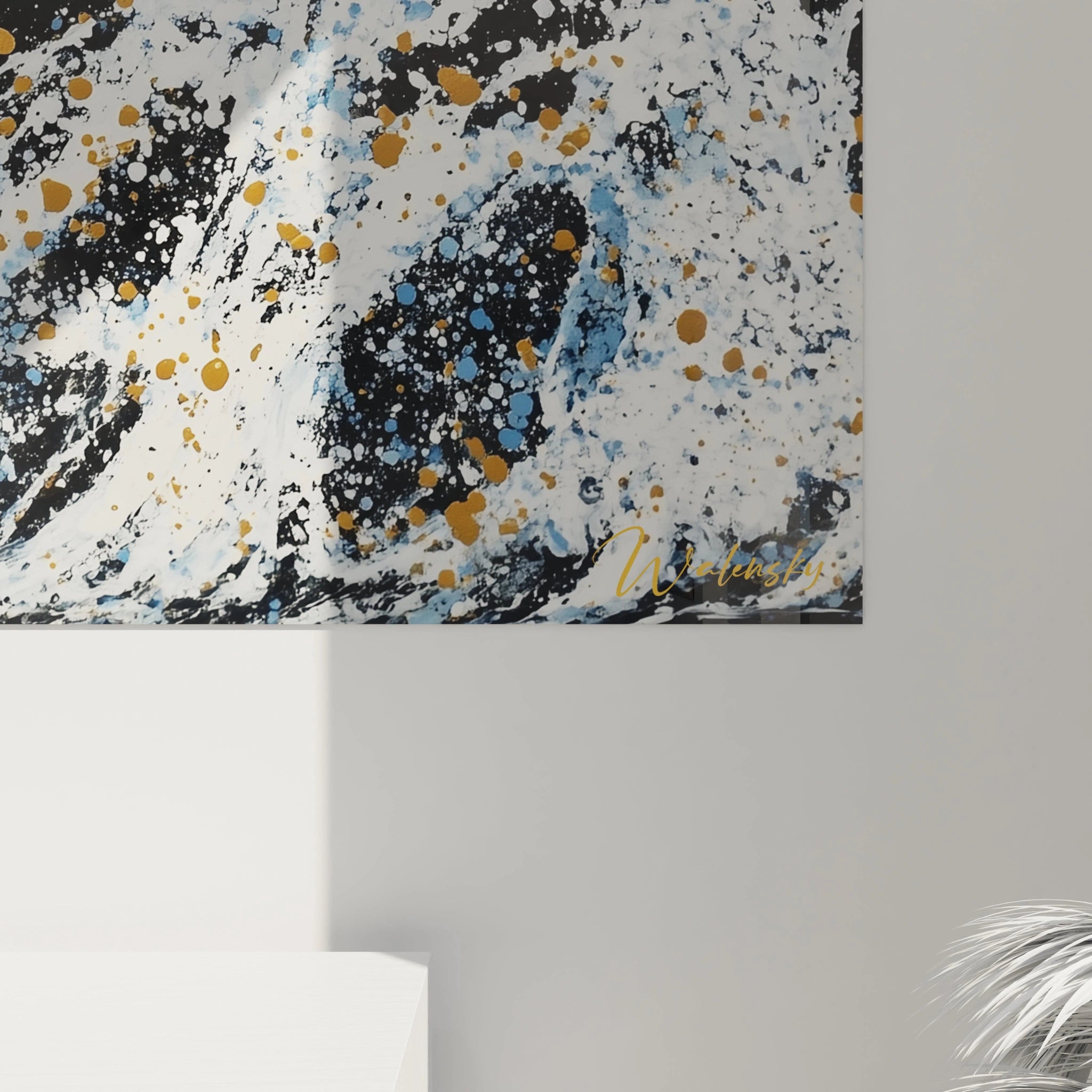 Tableau de dauphin de Walensky avec un design abstrait en bleu, noir et or pour une décoration moderne