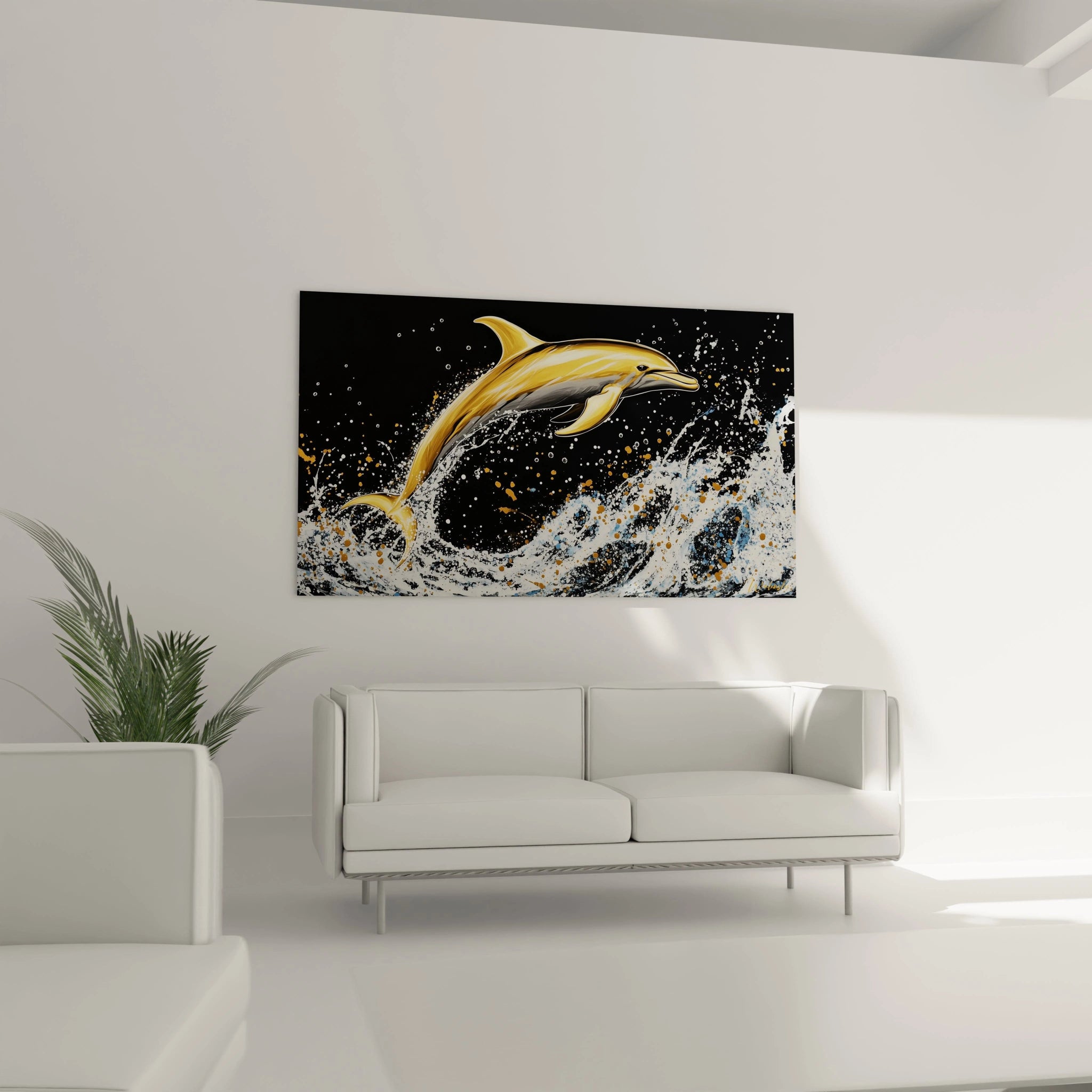 Tableau dauphin de Walensky avec un dauphin bondissant dans des vagues blanches et dorées