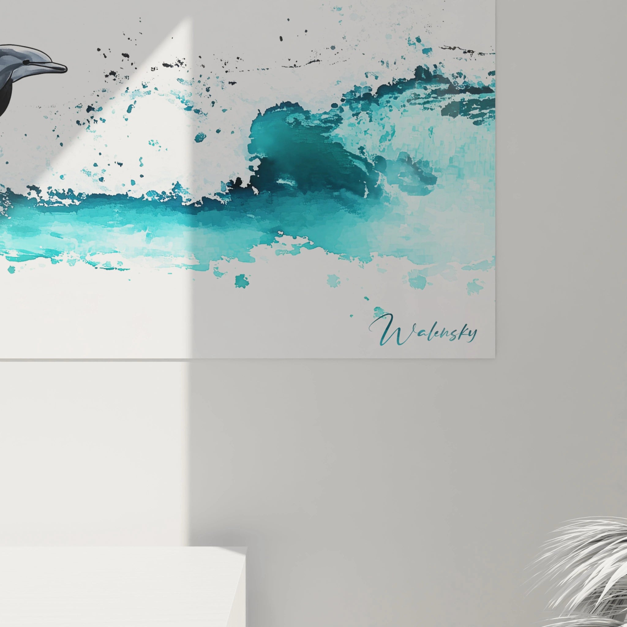 Tableau de dauphin avec des éclaboussures turquoise sur fond clair de Walensky