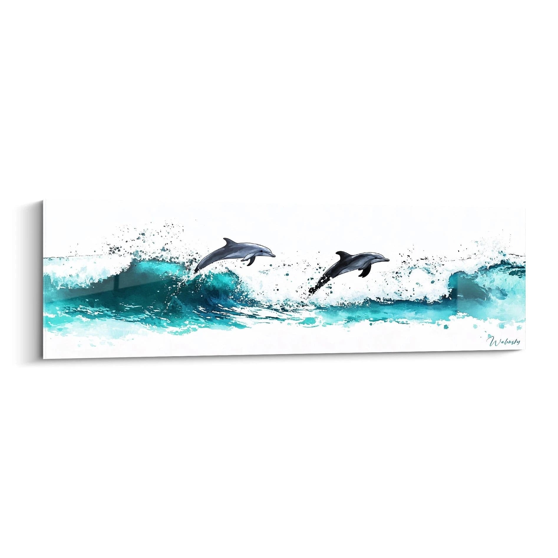 Tableau de dauphins sautant dans des vagues turquoise, design moderne de Walensky