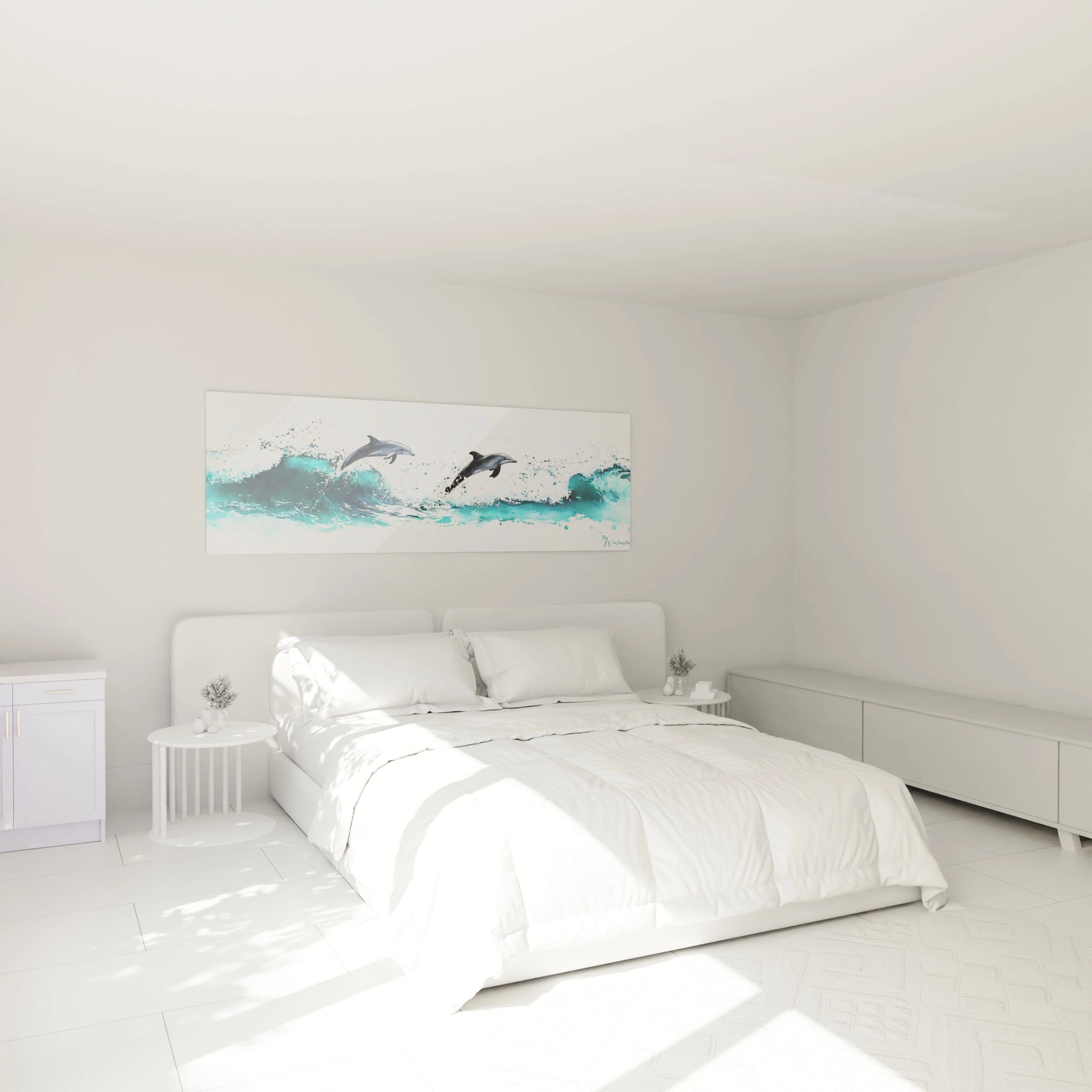 Tableau décoratif de dauphins sautant au-dessus des vagues pour une ambiance marine