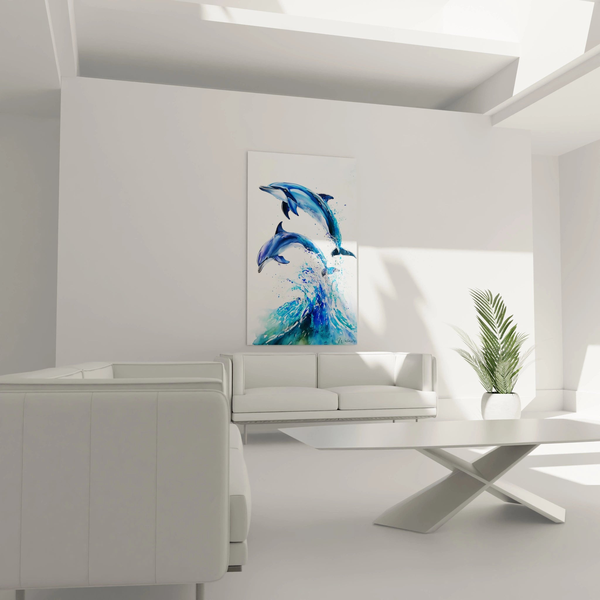 Tableau de dauphins de Walensky affichant deux dauphins sautant dans l'eau avec des éclaboussures dynamiques