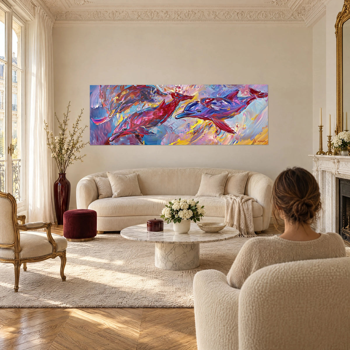 Tableau dauphins carmin et indigo bondissant en empreintes de couteau, vus par une femme de dos, au-dessus d'un canapé dans un salon lumineux