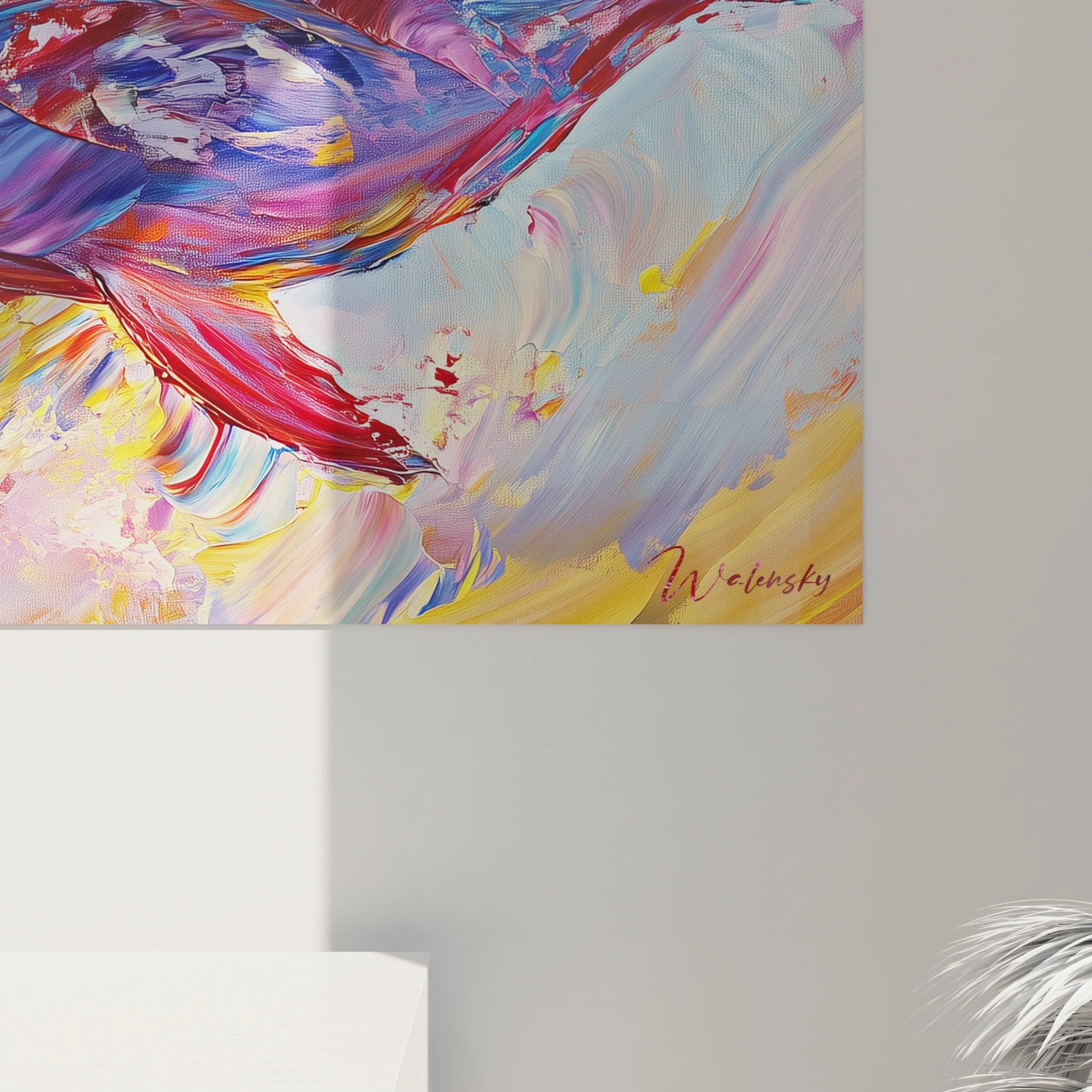 Tableau de dauphin coloré de Walensky avec des coups de pinceau vibrants sur fond abstrait