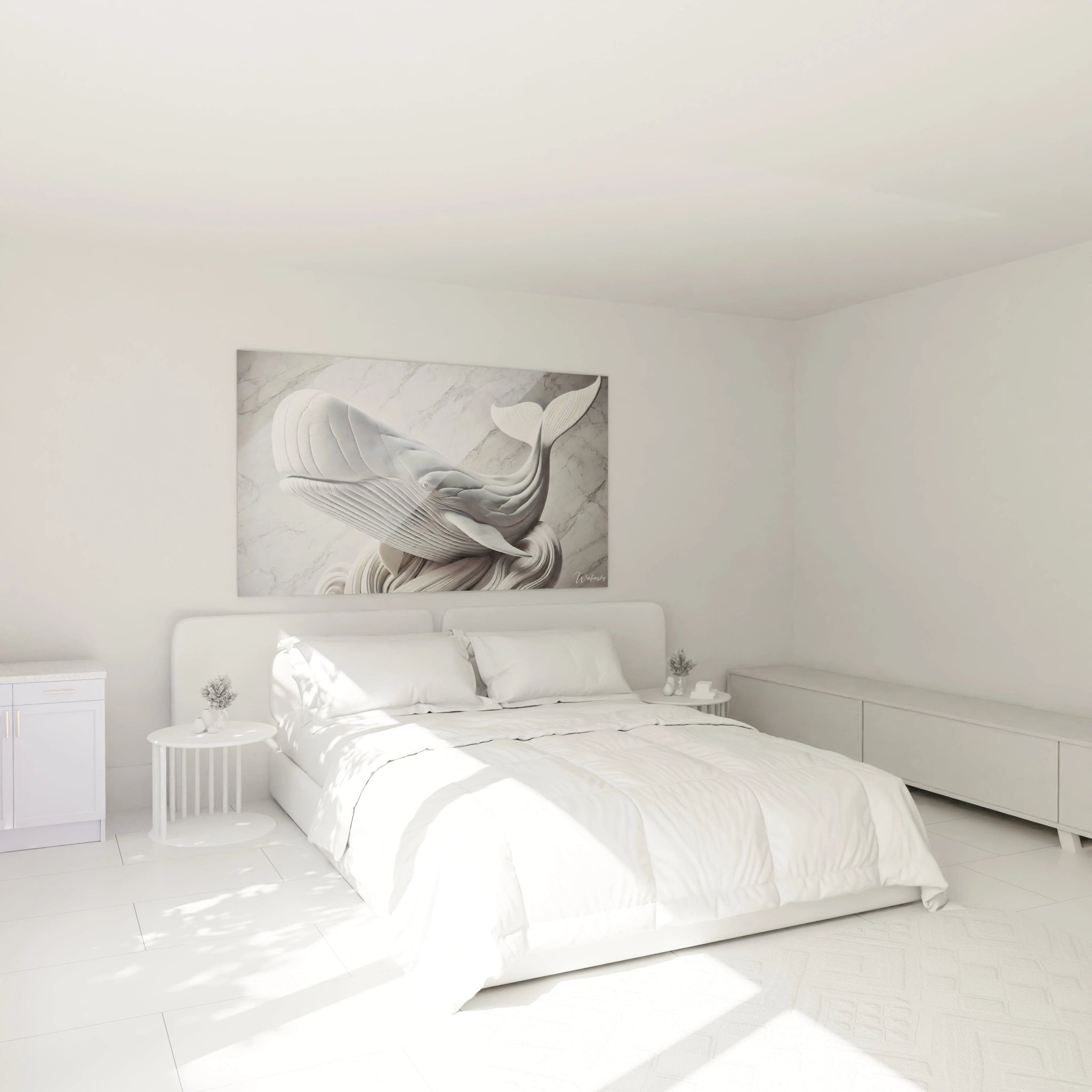 tableau cachalot au dessus d un lit, il apporte calme et serenite grace a ses nuances de gris et blanc. Ideal pour une chambre minimaliste, il capte l attention par son elegance intemporelle.