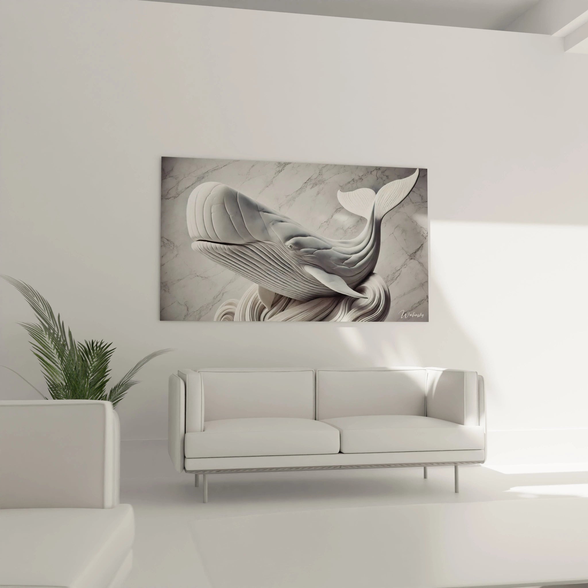 tableau cachalot au dessus d un canape dans un salon, il se fond harmonieusement dans un interieur moderne. Ce tableau elegant combine textures marbrees et lignes fluides pour une ambiance apaisante.