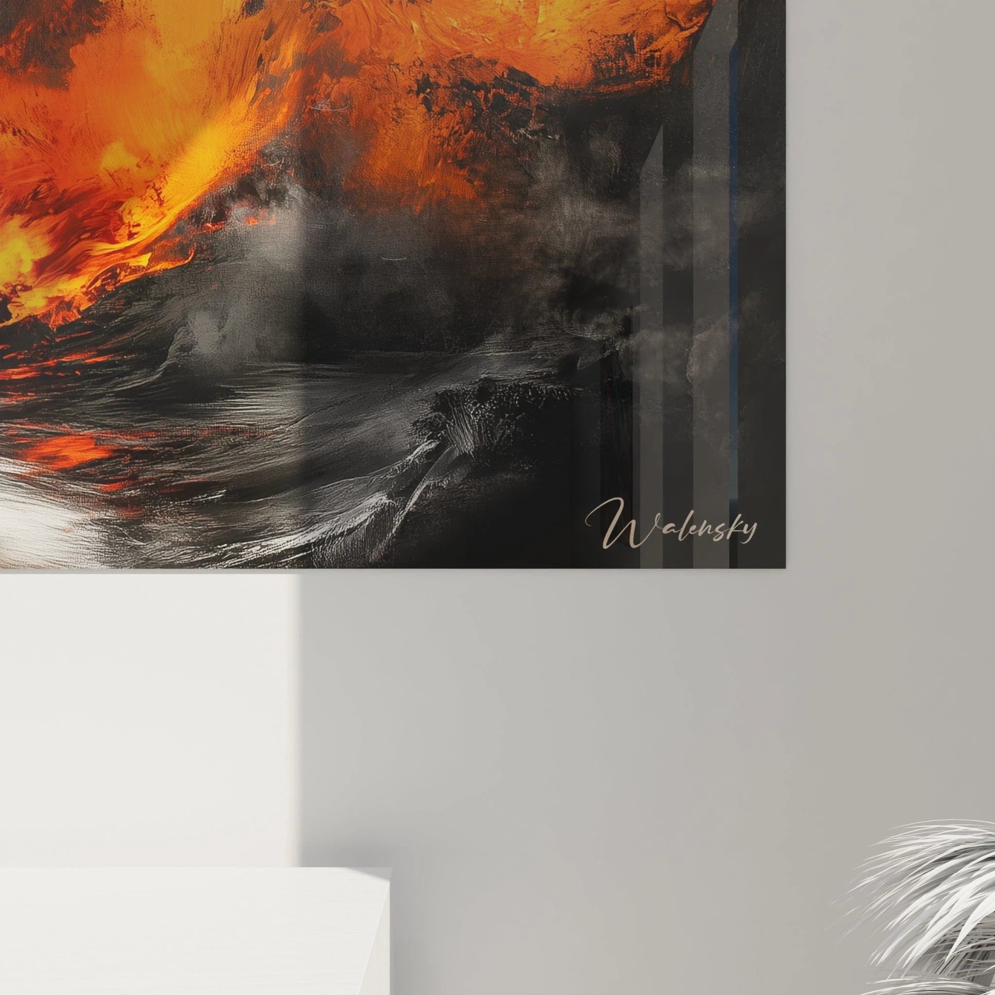 Tableau expressionniste abstrait de Walensky avec des nuances de noir et d'orange vibrantes