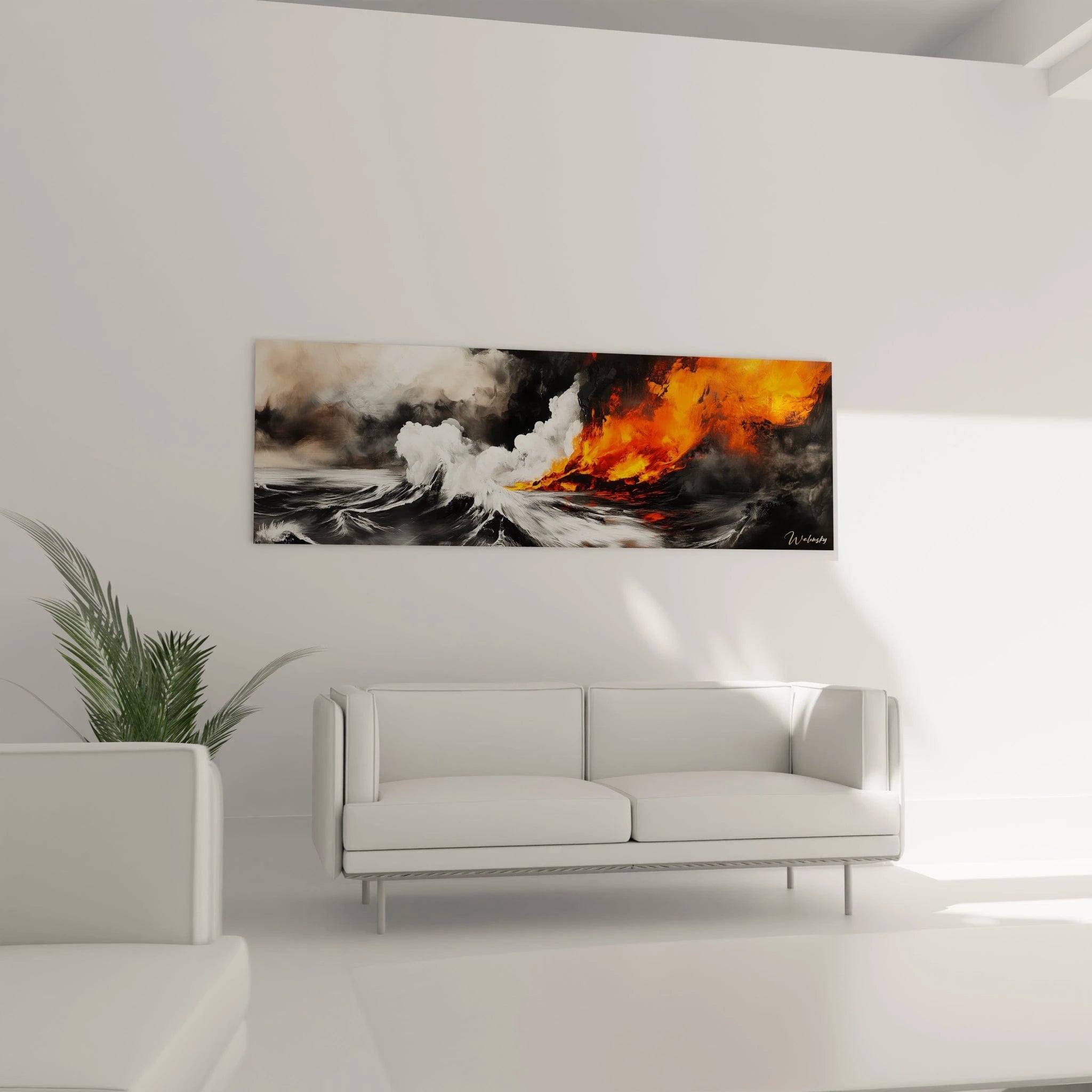 Tableau expressionniste abstrait de Walensky représentant des vagues et des flammes vives sur fond neutre